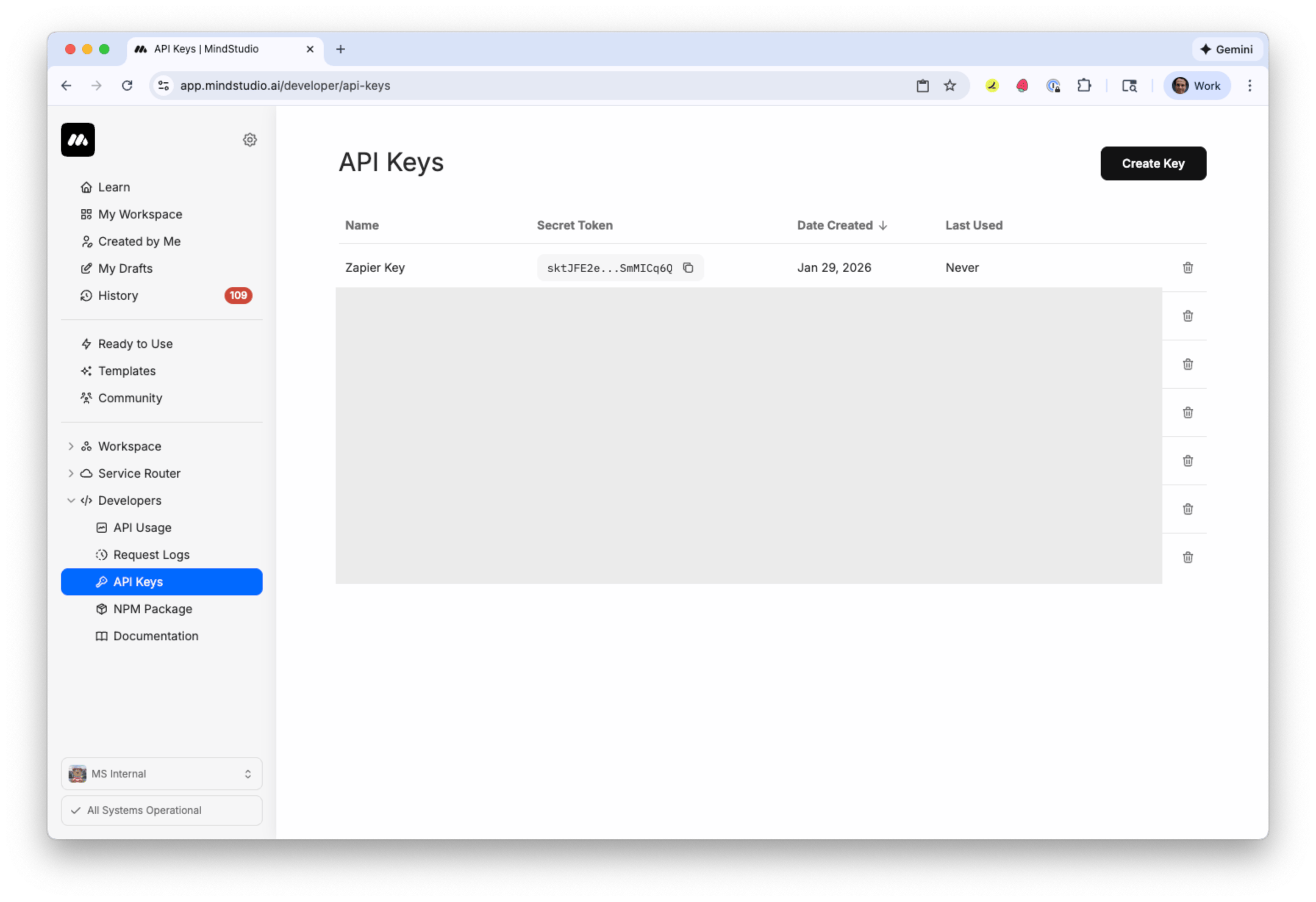 MindStudio API key is generated for the Zapier connection