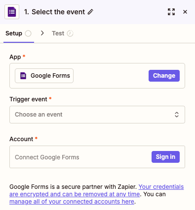 Google Forms displays in App setting for the Zap trigger