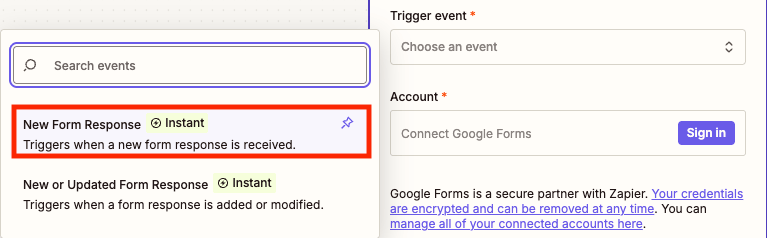 Select New Form Response from Google Forms to trigger the Zap