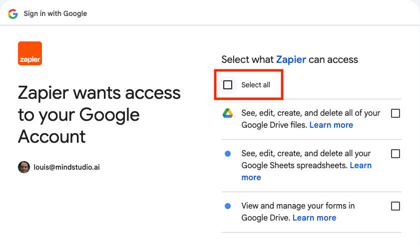 Select all scopes to access your Google Forms account