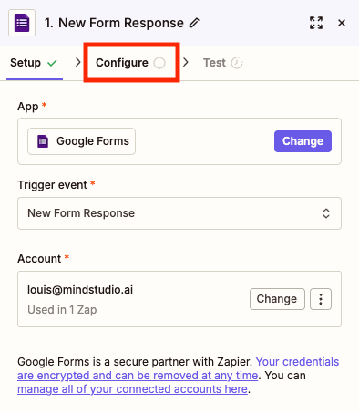 Click Configure to configure which Google Form triggers the Zap