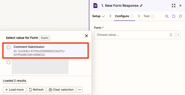 Select your Google Form to trigger the Zap