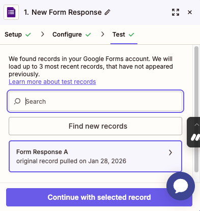 Zapier finds the test Google Form submission