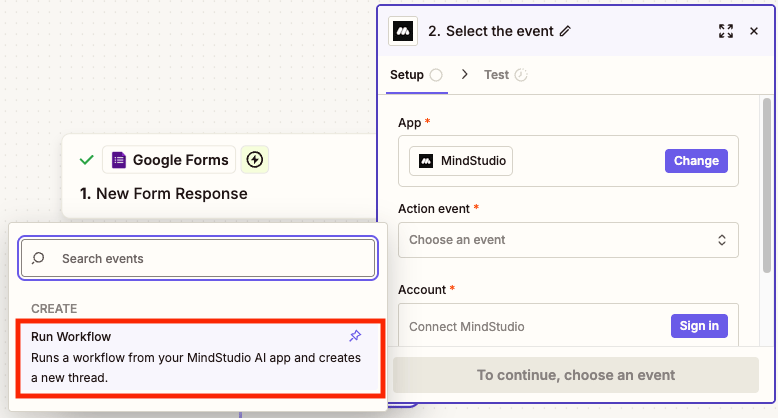 Select Run Workflow as the action to do in MindStudio