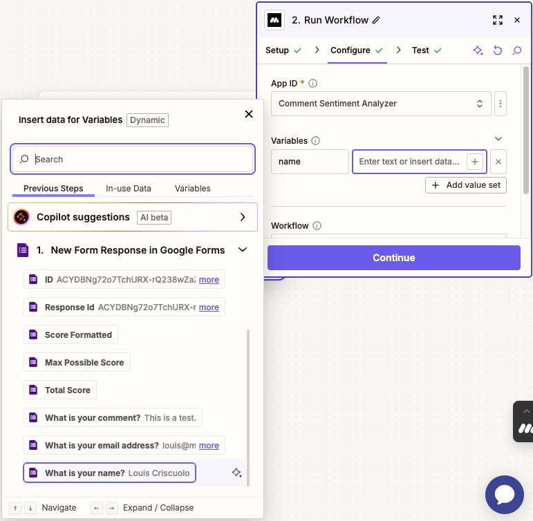 Select the data from the Google Form that stores name variable