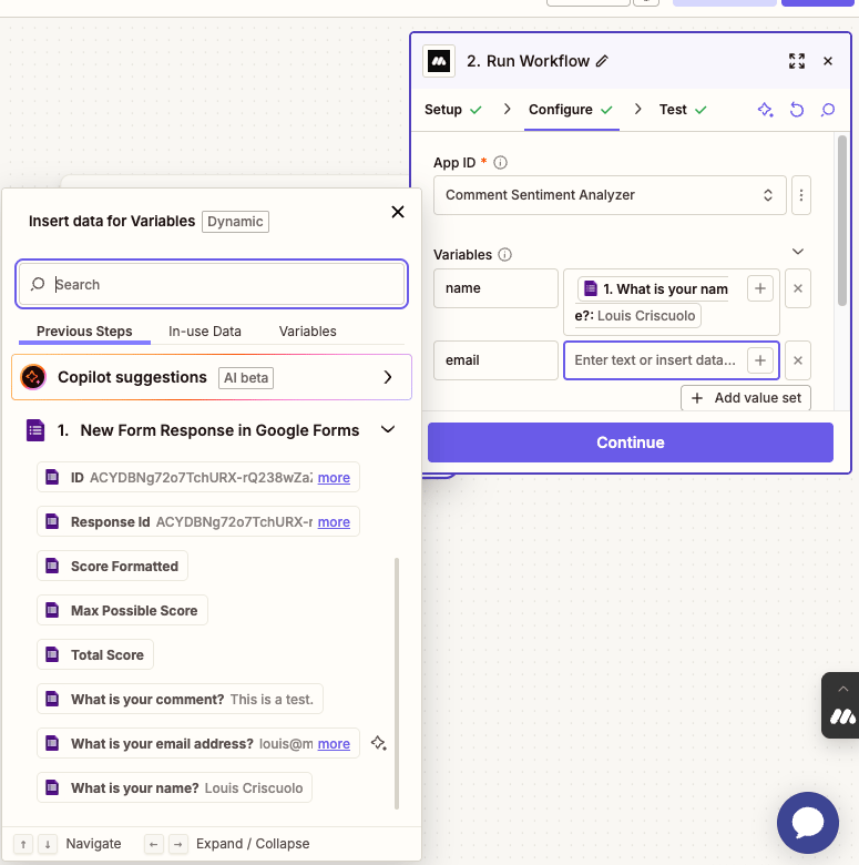 Select the data from the Google Form that stores email variable