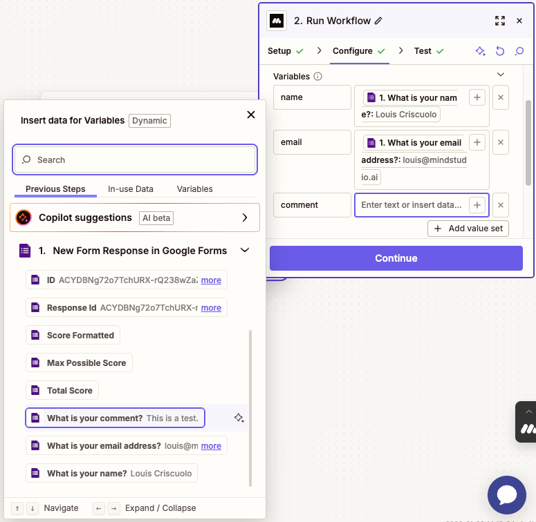 Select the data from the Google Form that stores comment variable