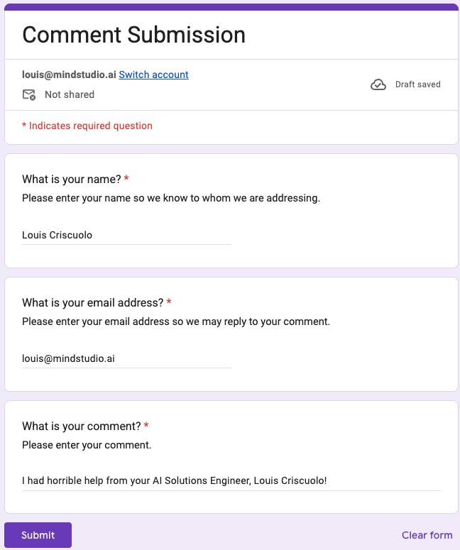 Fill out the form with a negative comment