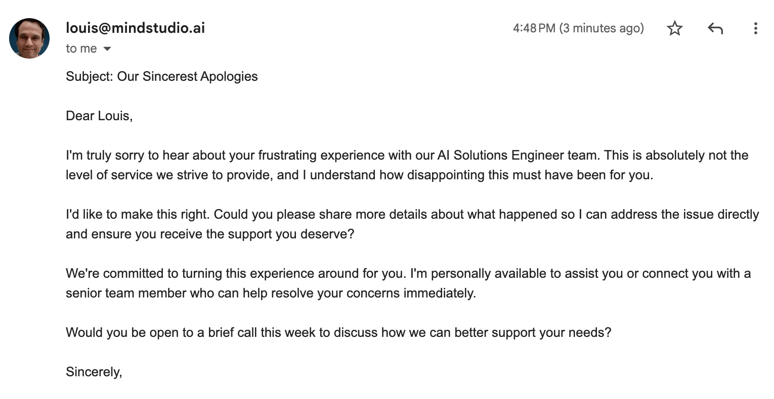 Email with an autogenerated response for a negative comment