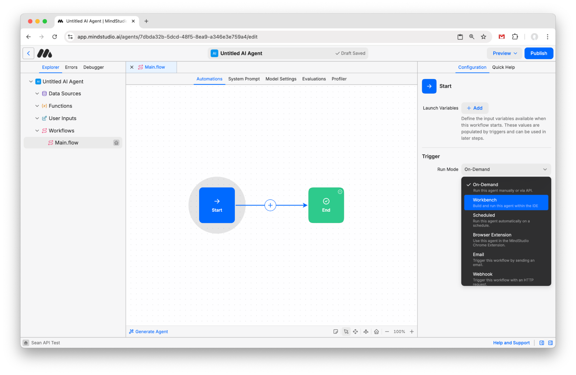 Change the workflow run mode to Workbench in MindStudio