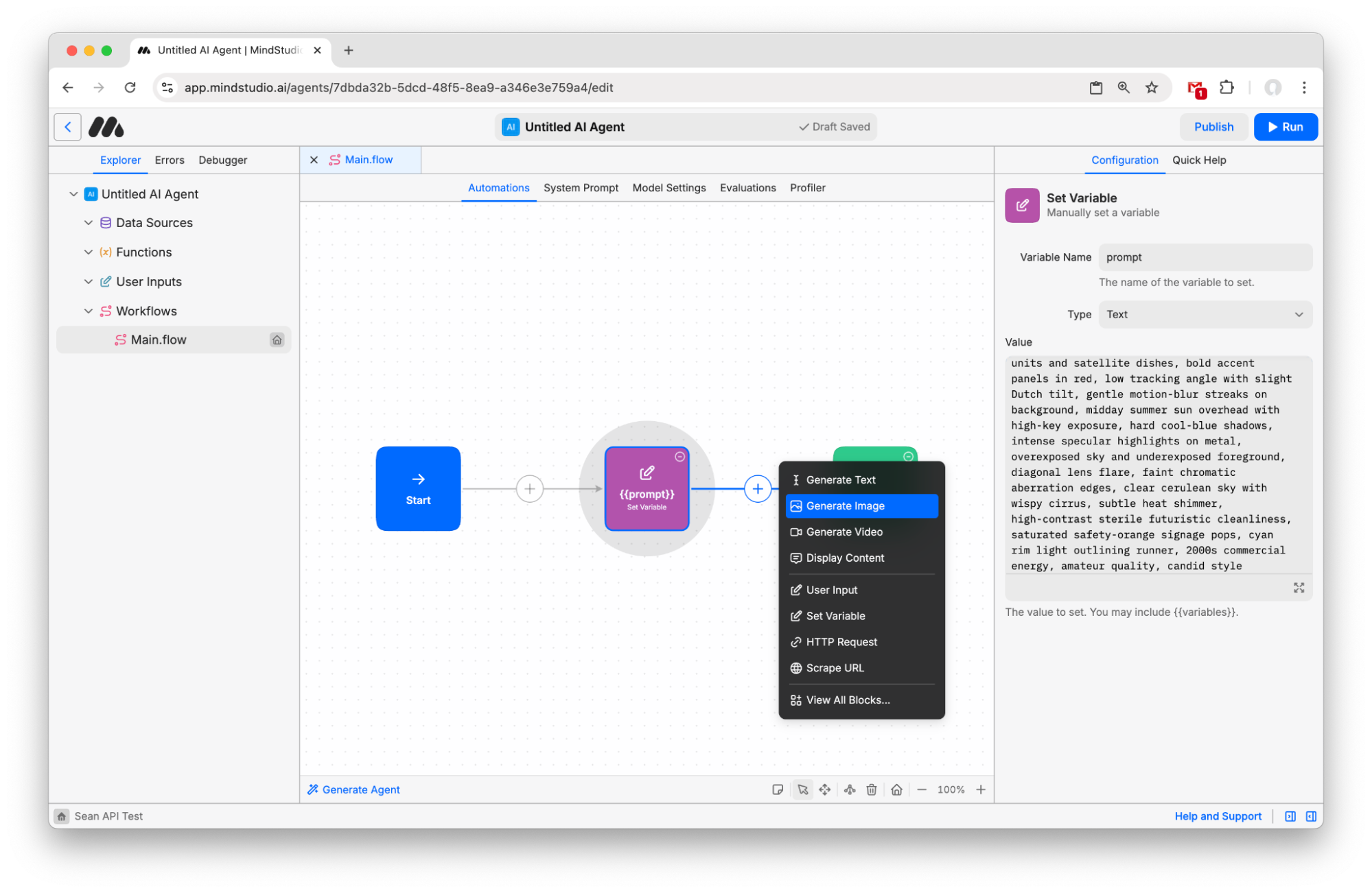 Add the Generate Image block to the workflow in MindStudio