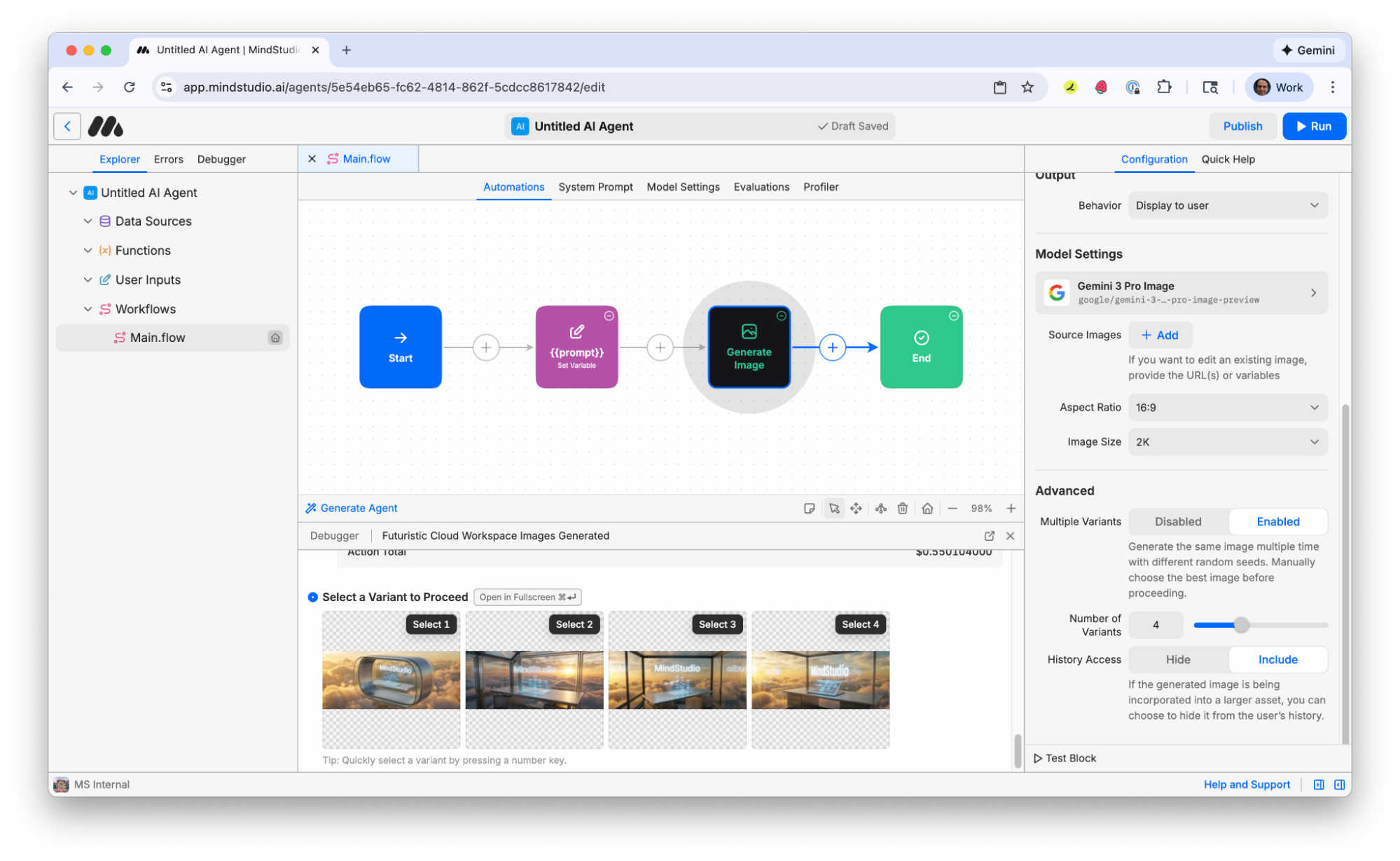 Multiple image variants are displayed after the run completes in MindStudio