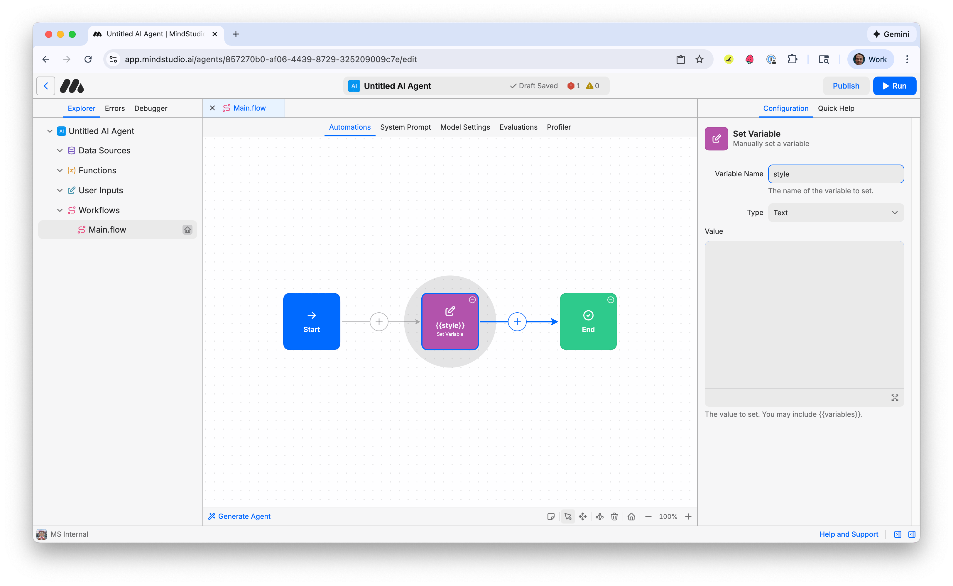 Add "style" to the Set Variable block prompt in MindStudio
