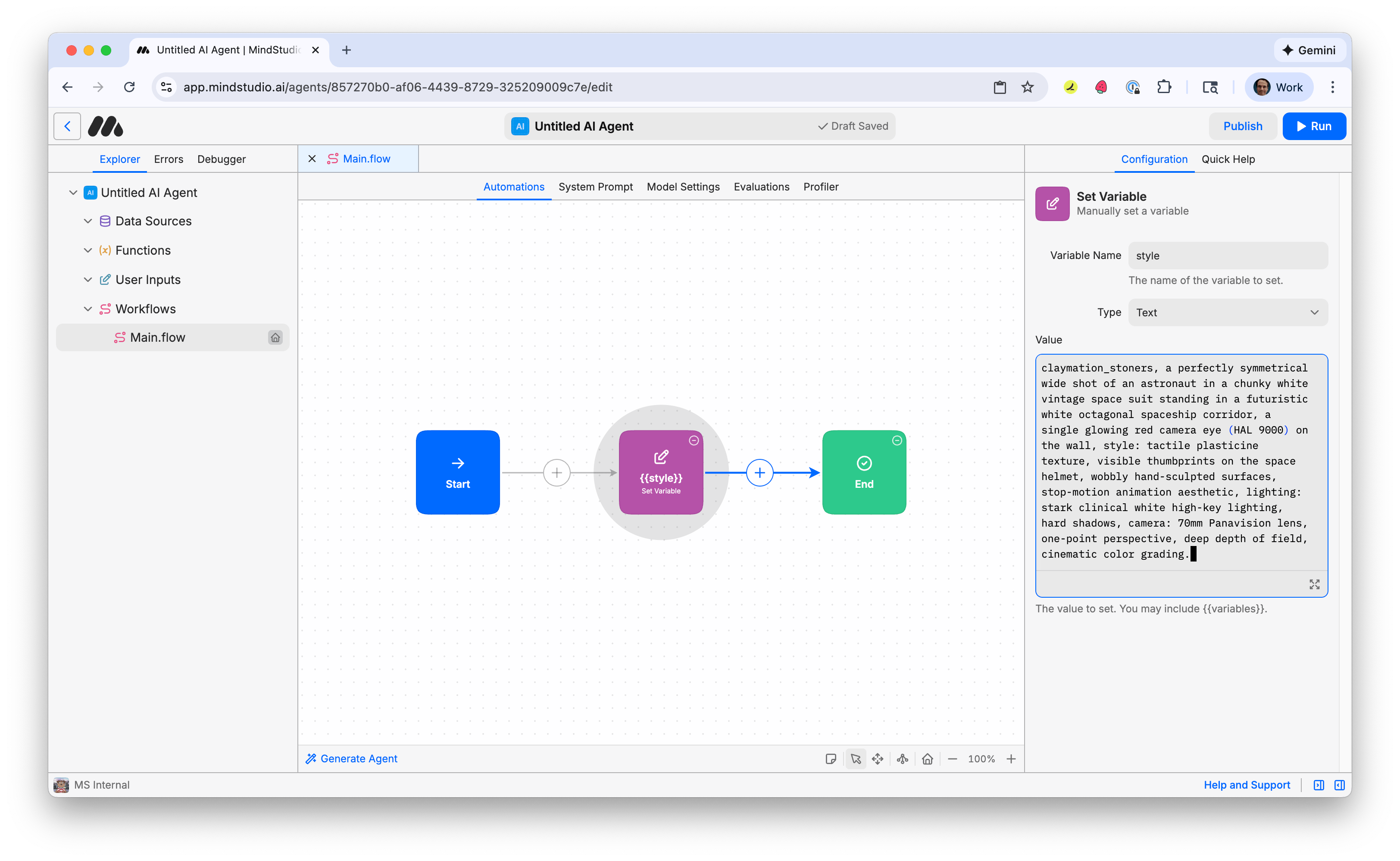 Add the prompt to the Set Variable block using the "style" variable