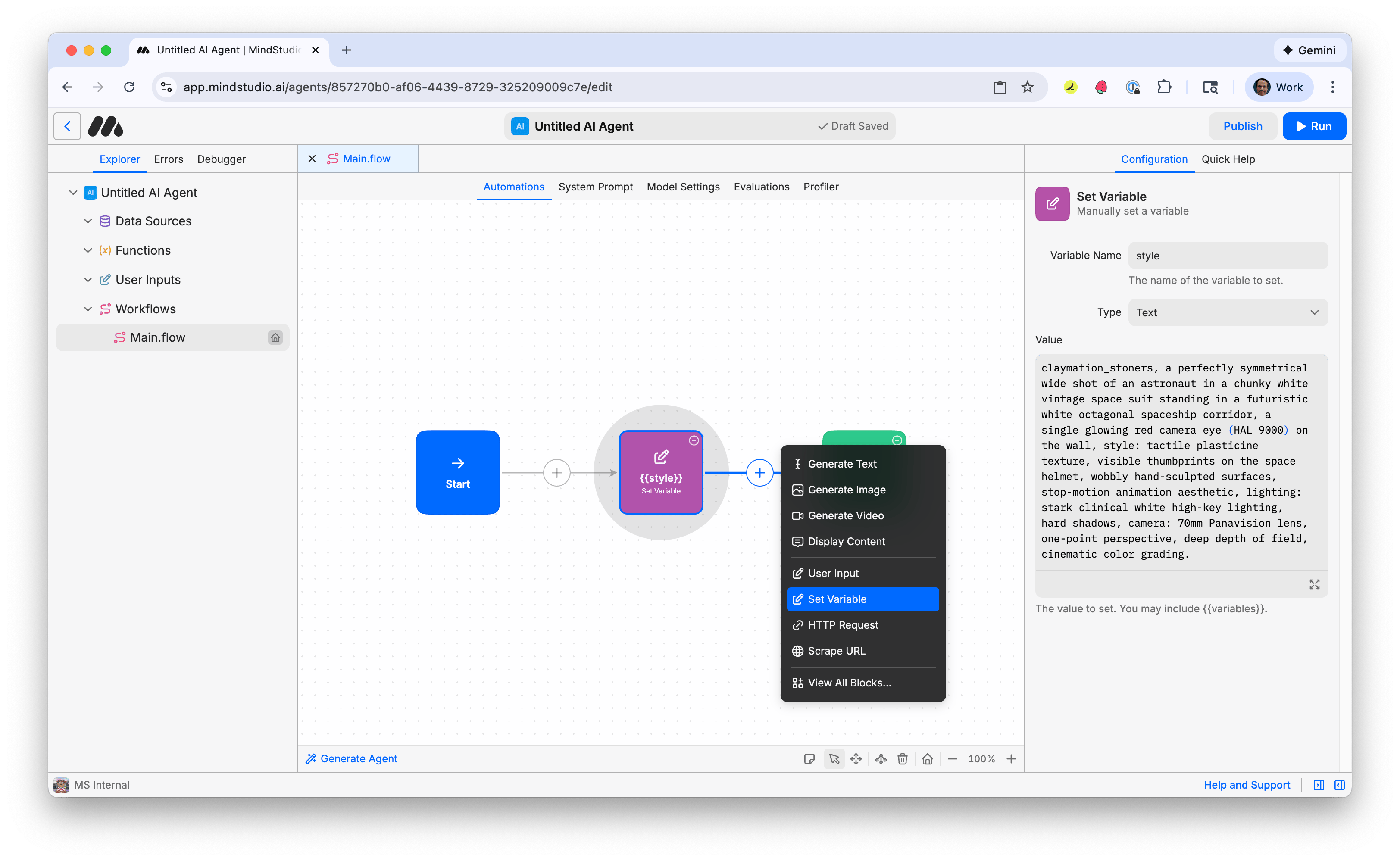 Add a second Set Variable block to the MindStudio workflow
