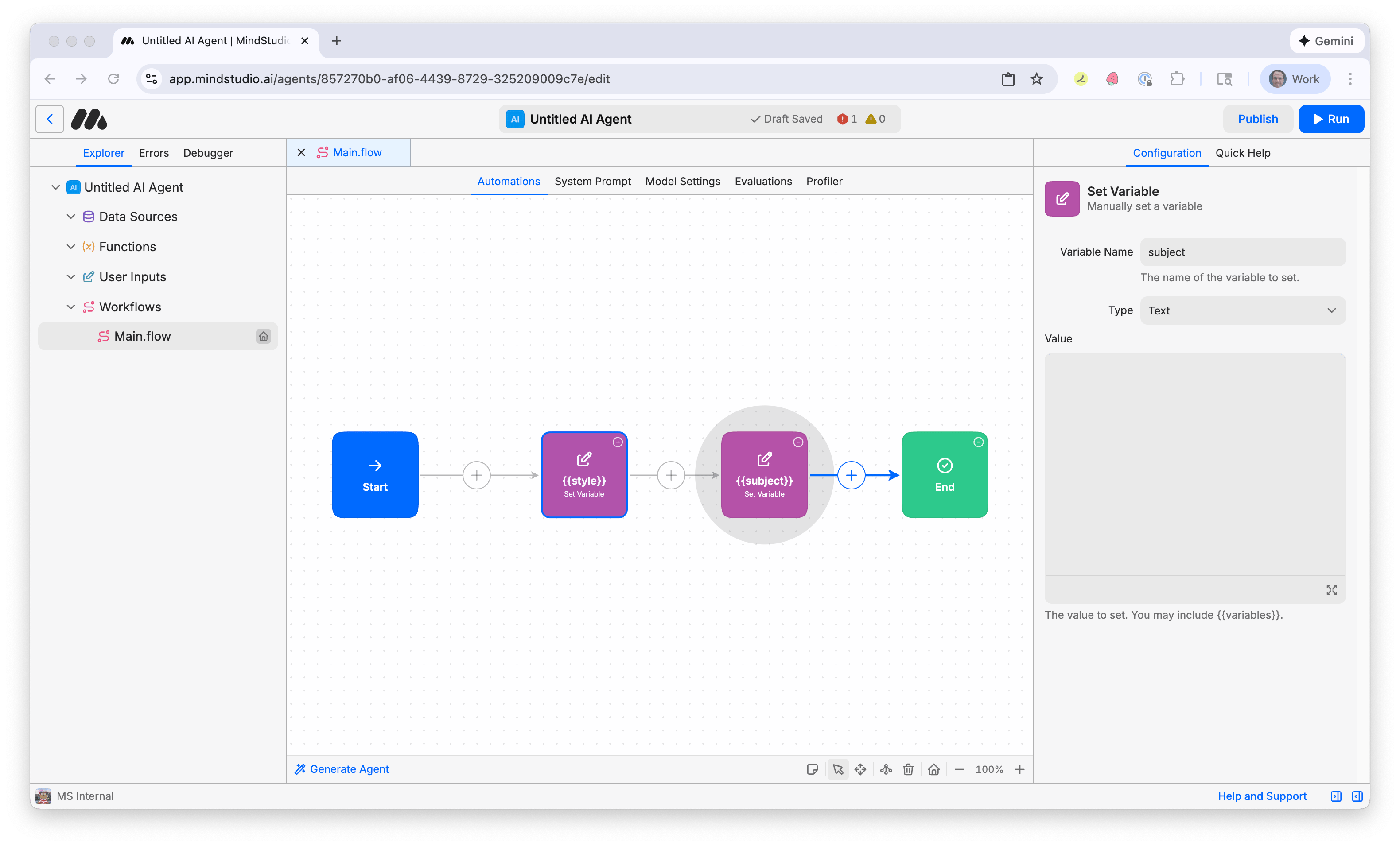 Add "subject" as the variable name for the second Set Variable workflow in MindStudio