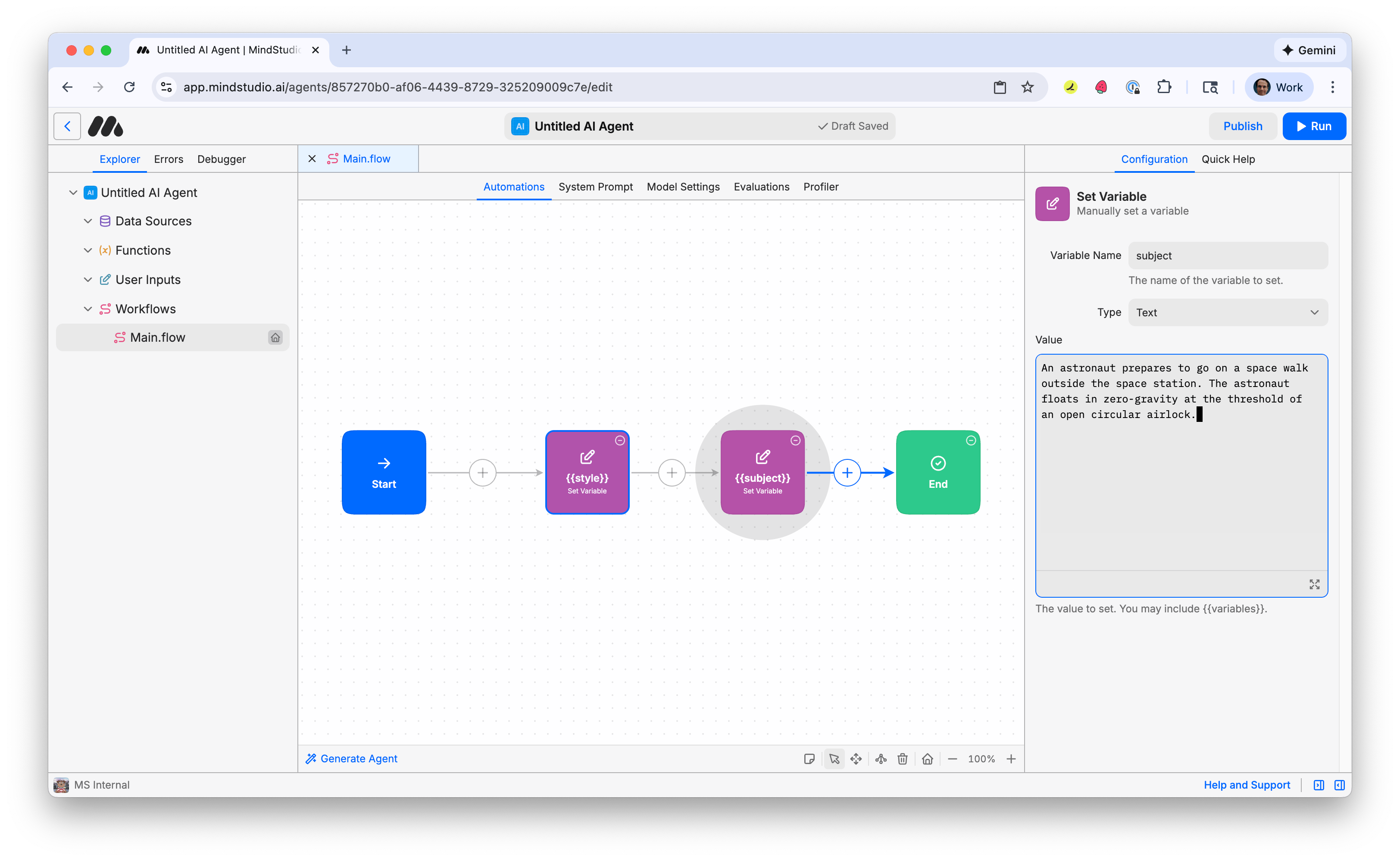Add the prompt to the second Set Variable block, named "subject"