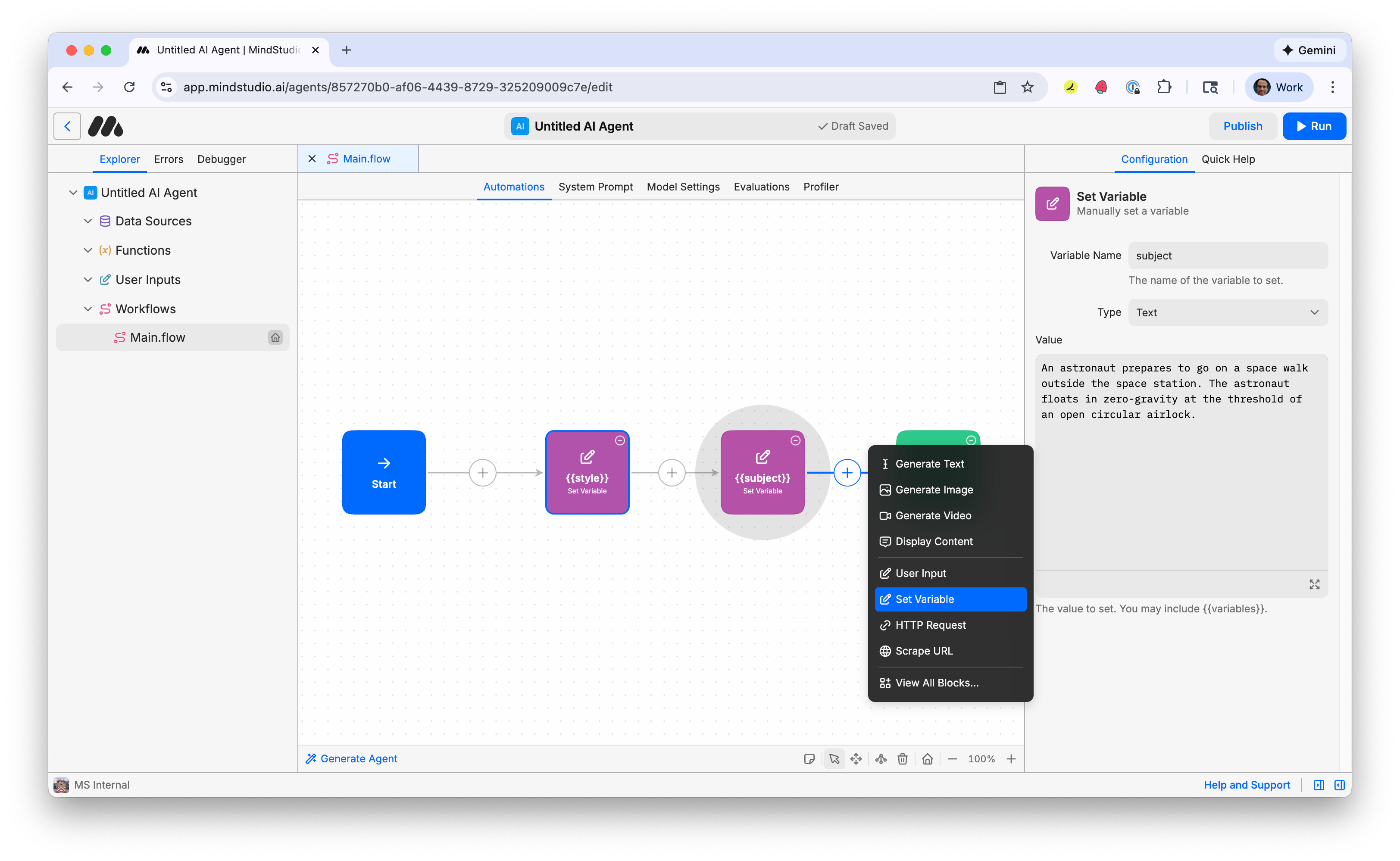 Add a third Set Variable block to the MindStudio workflow