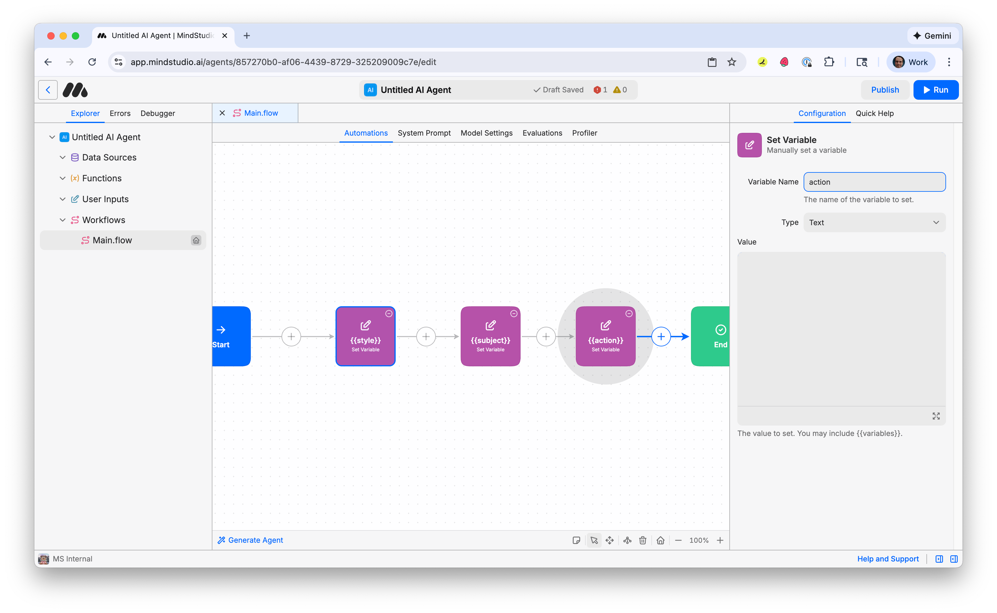Add "action" to the third Set Variable block in the MindStudio workflow