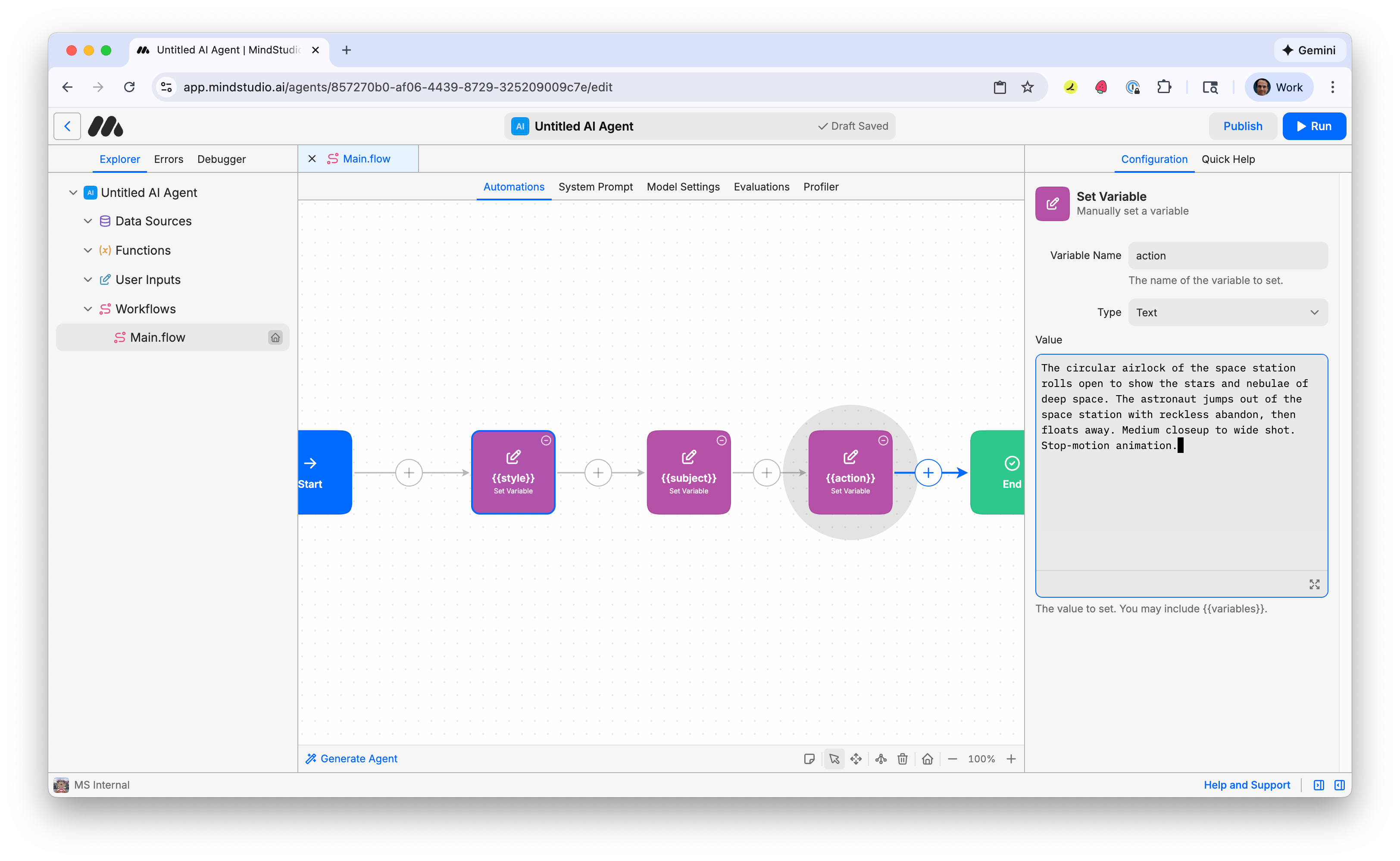 Add the prompt to the third Set Variable block with the variable named "action"