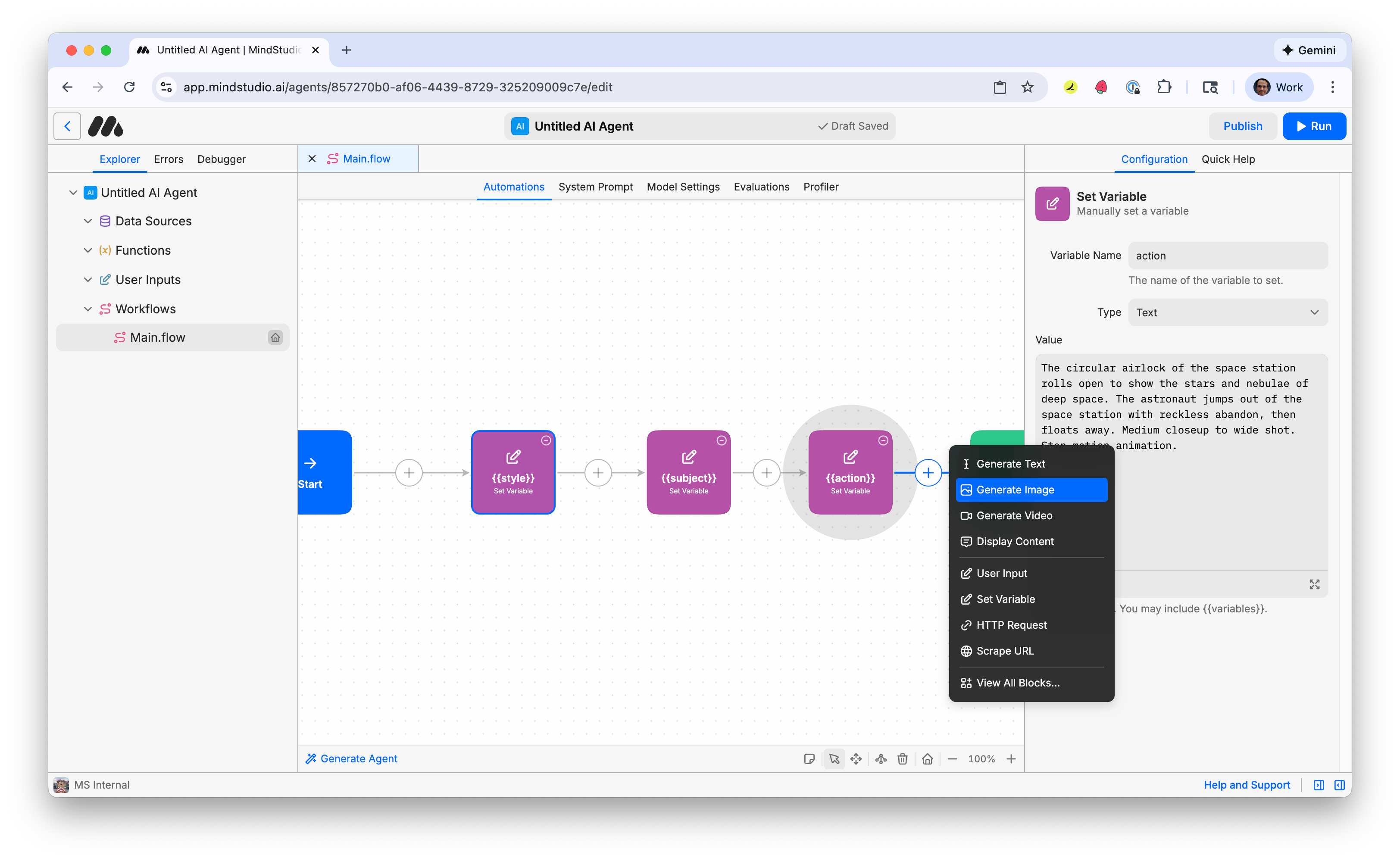Add a Generate Image block to the MindStudio workflow