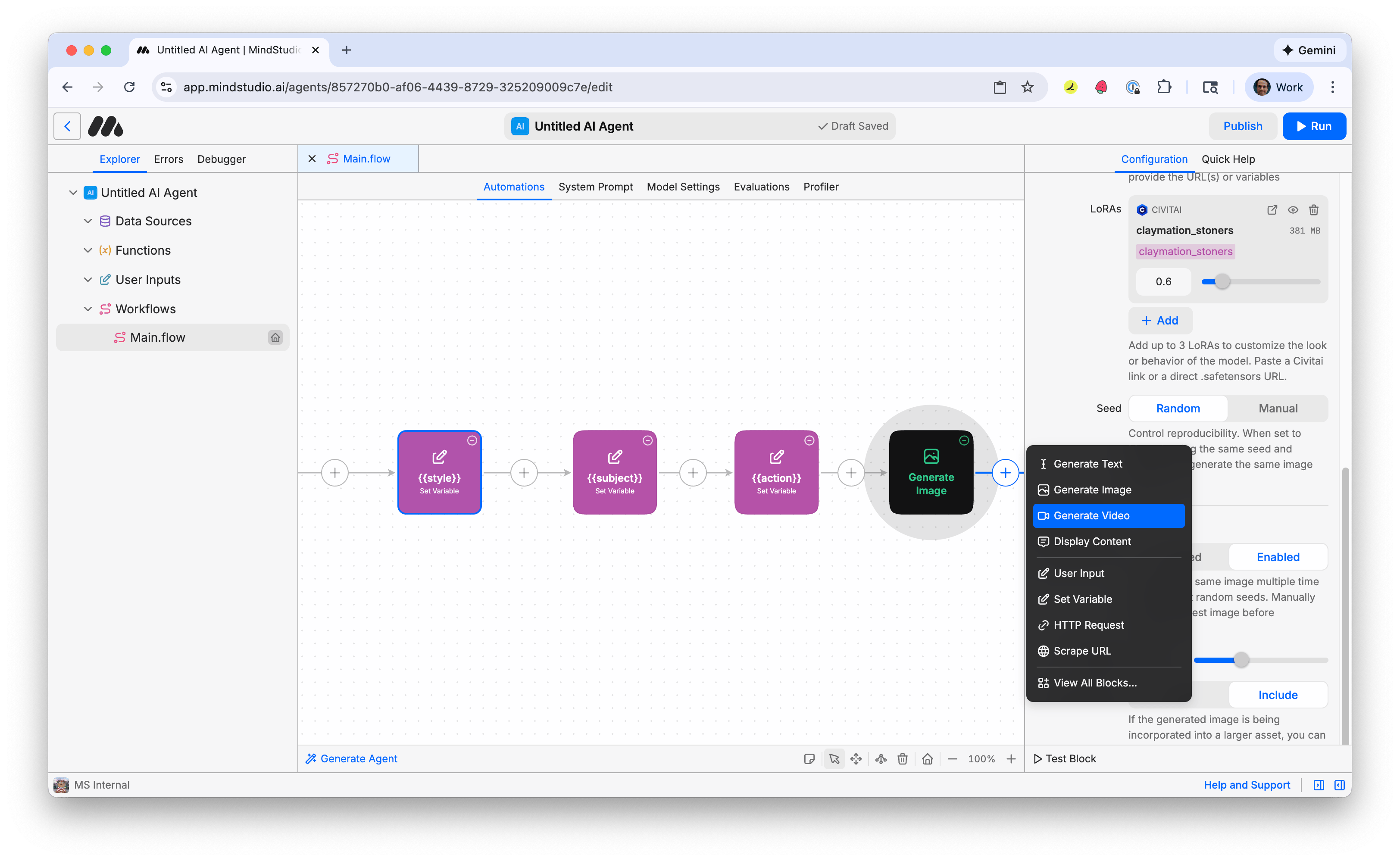 Add a Generate Video block to the MindStudio workflow