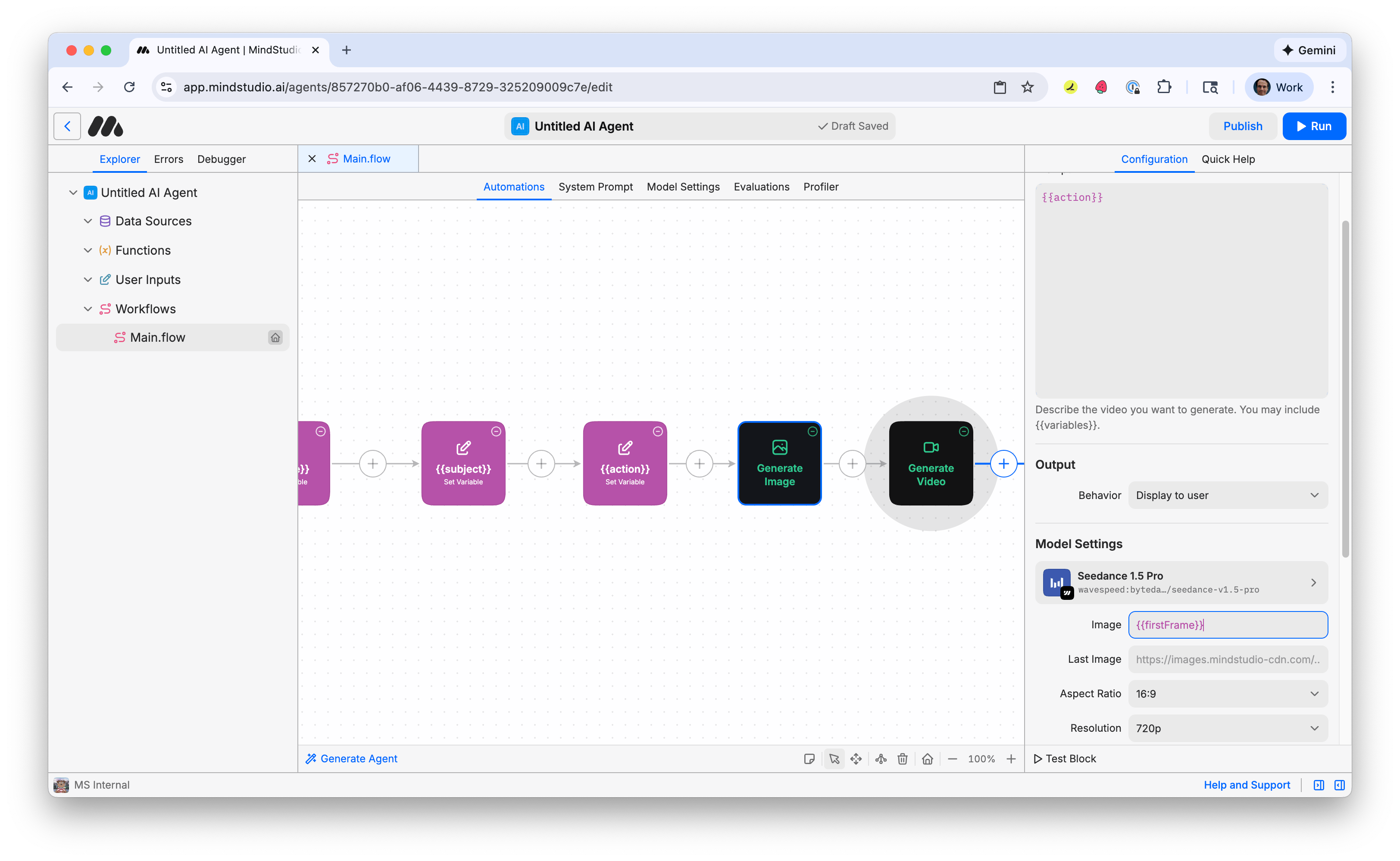 Add "{{firstFrame}}" to the Image setting in the Generate Video block