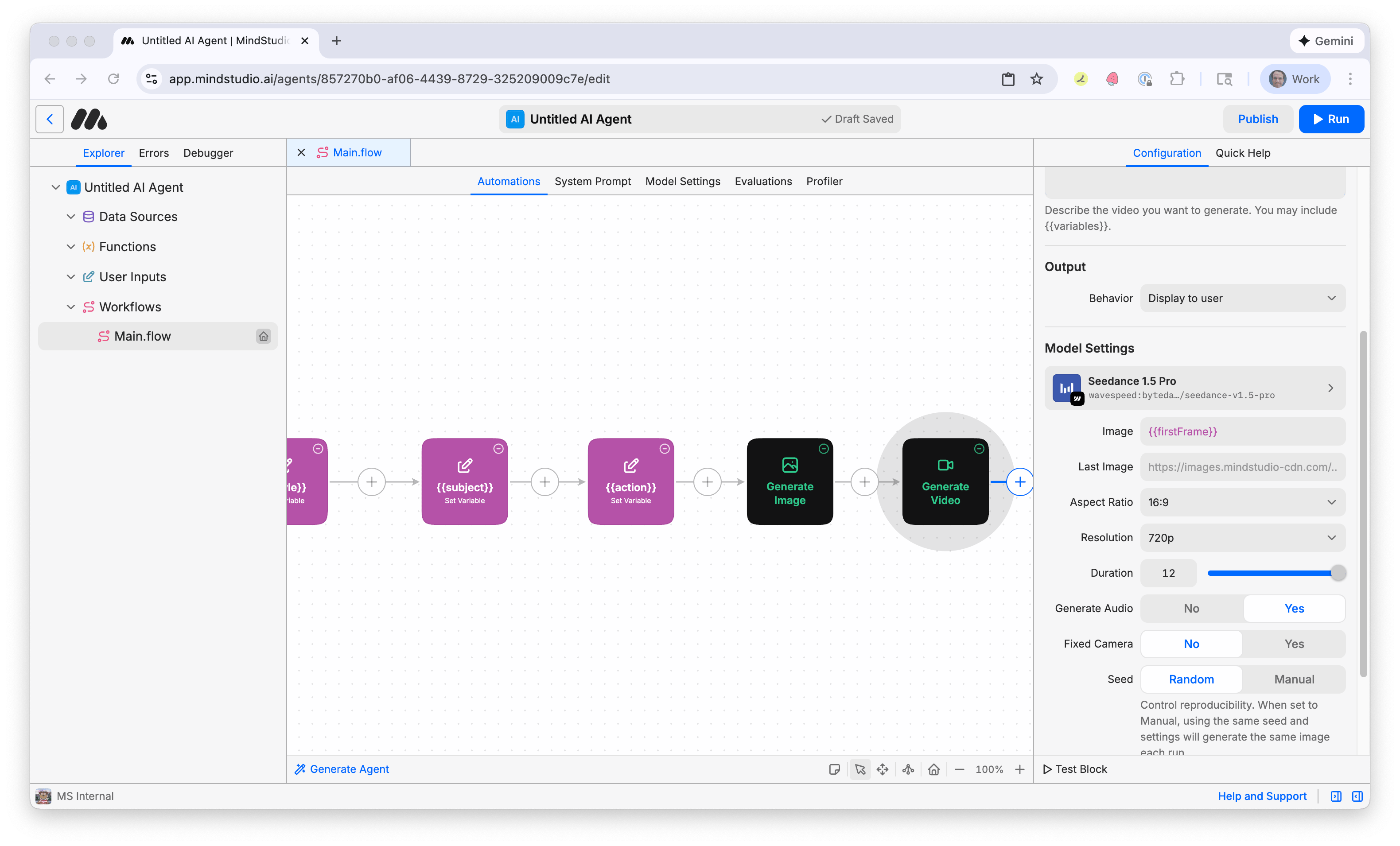 Optionally, set the Duration setting of the Generate Video block to 12 seconds