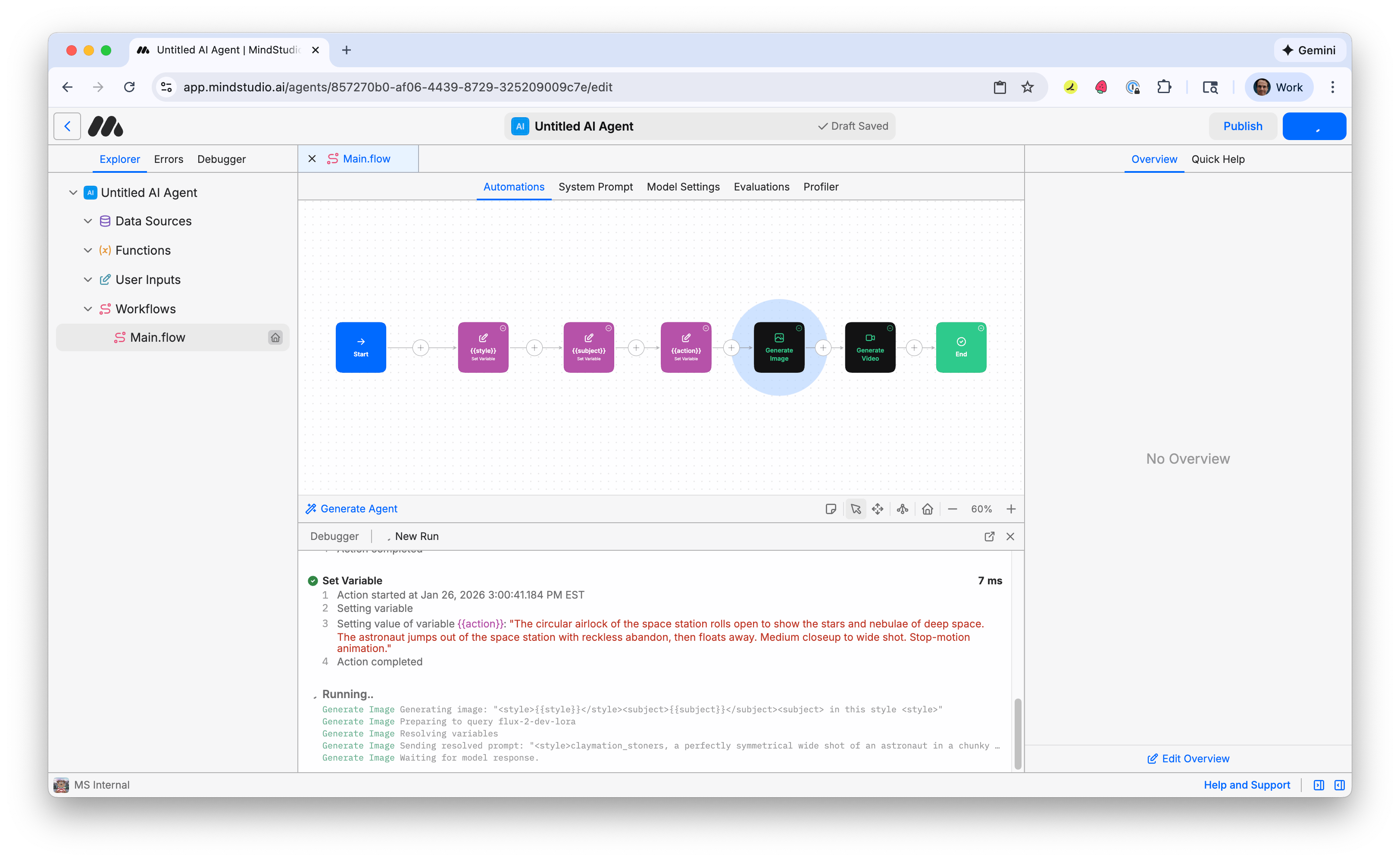 The MindStudio workflow runs in Debugger
