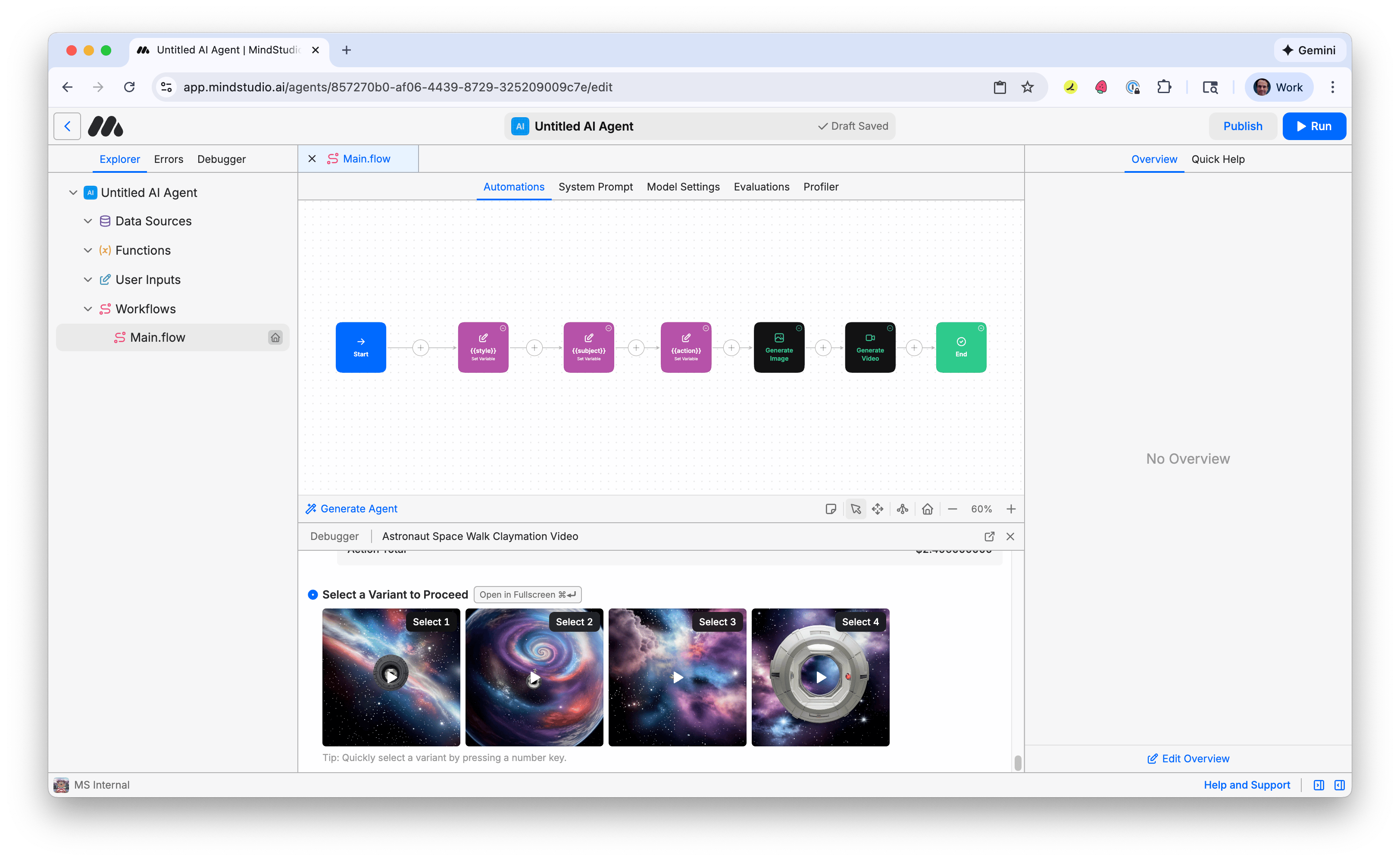 Multiple variants of the AI generated video are displayed in Debugger