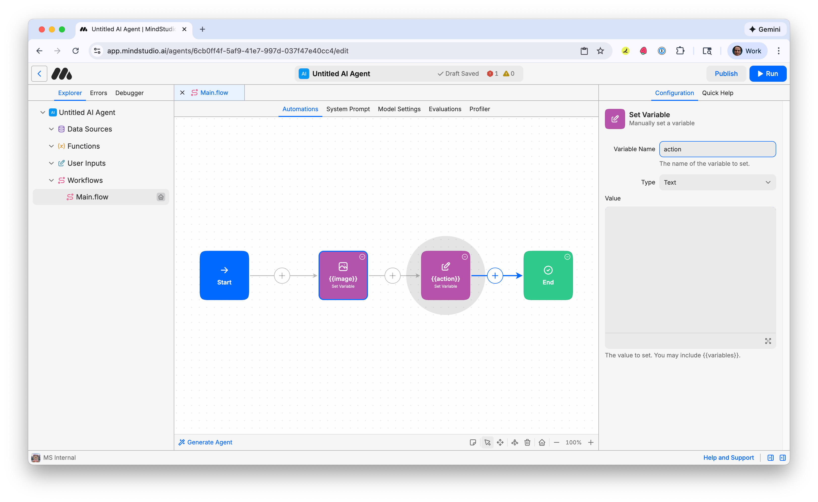 Enter action as the variable name into the second Set Variable block
