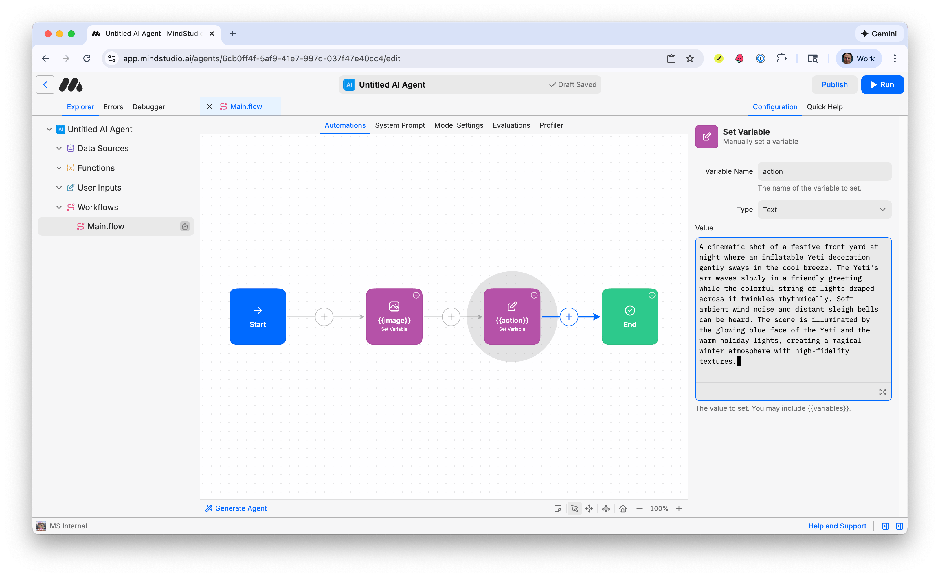 Add the prompt to the second Set Variable block describing the action