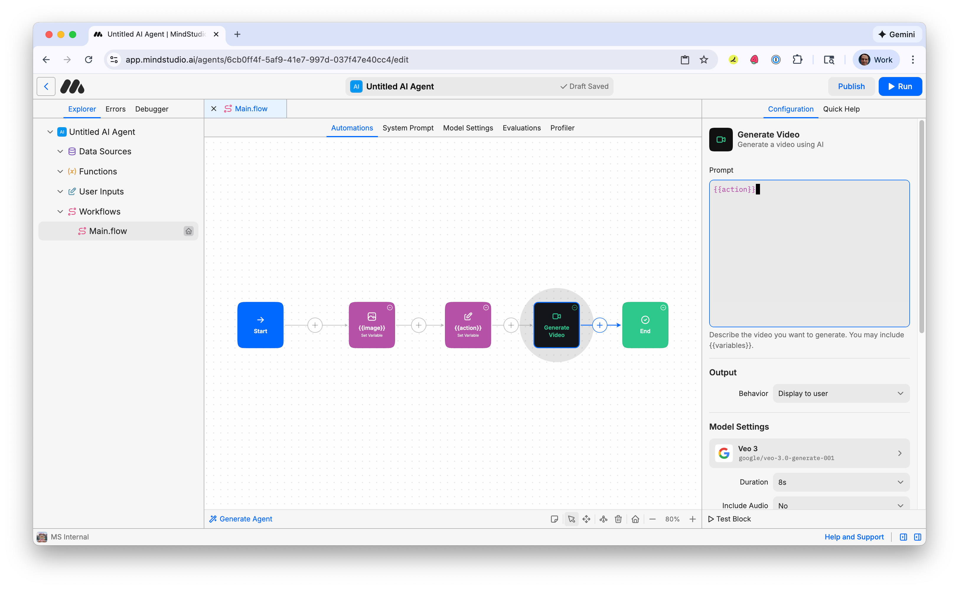 Type {{action}} into the the Prompt setting of the Generate Video block
