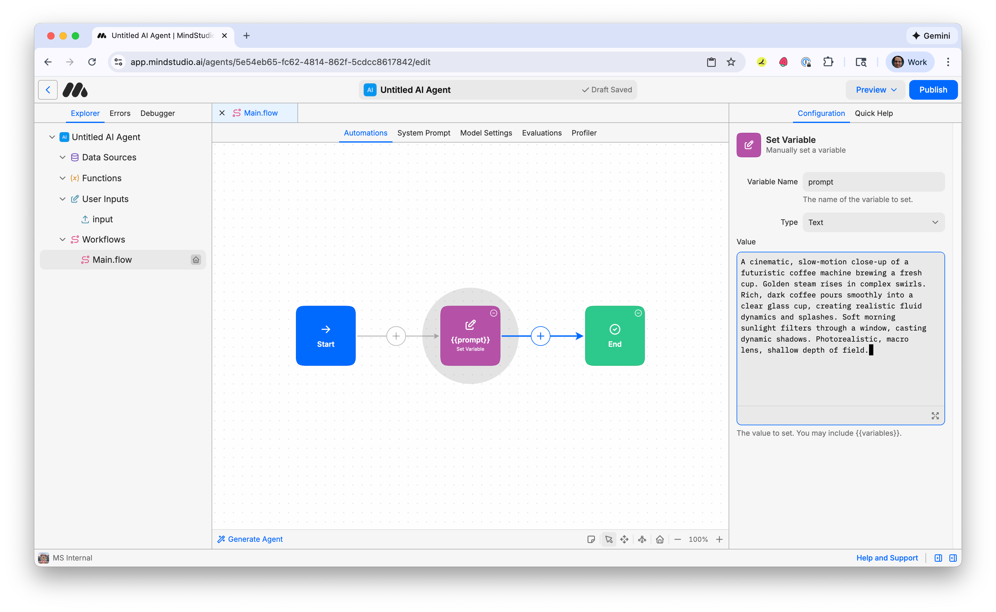 Enter {{prompt}} and the prompt into the Set Variable block in MindStudio