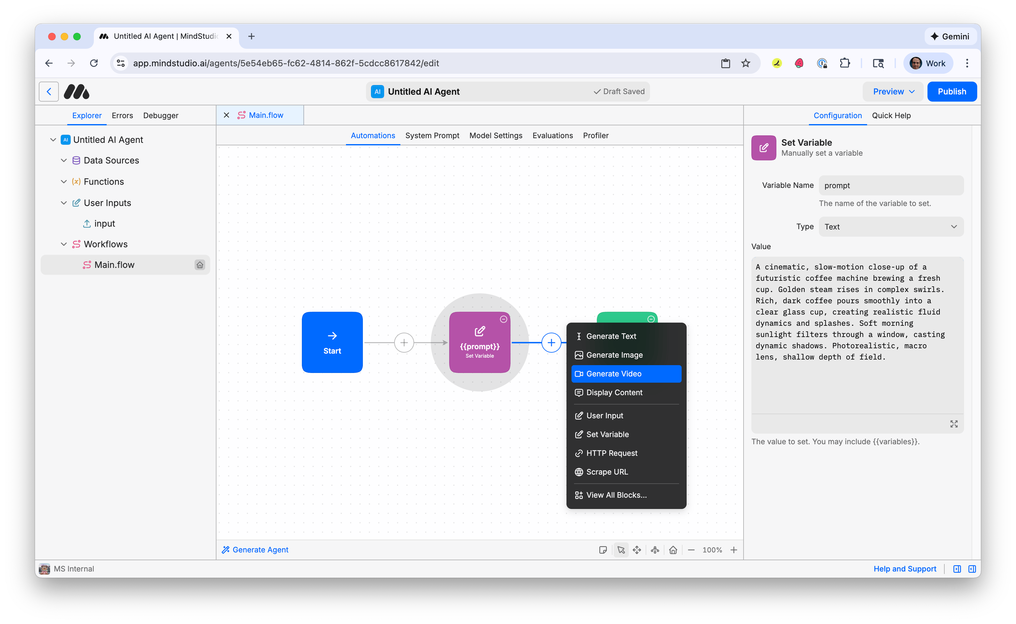Add a Generate Video block to the MindStudio workflow