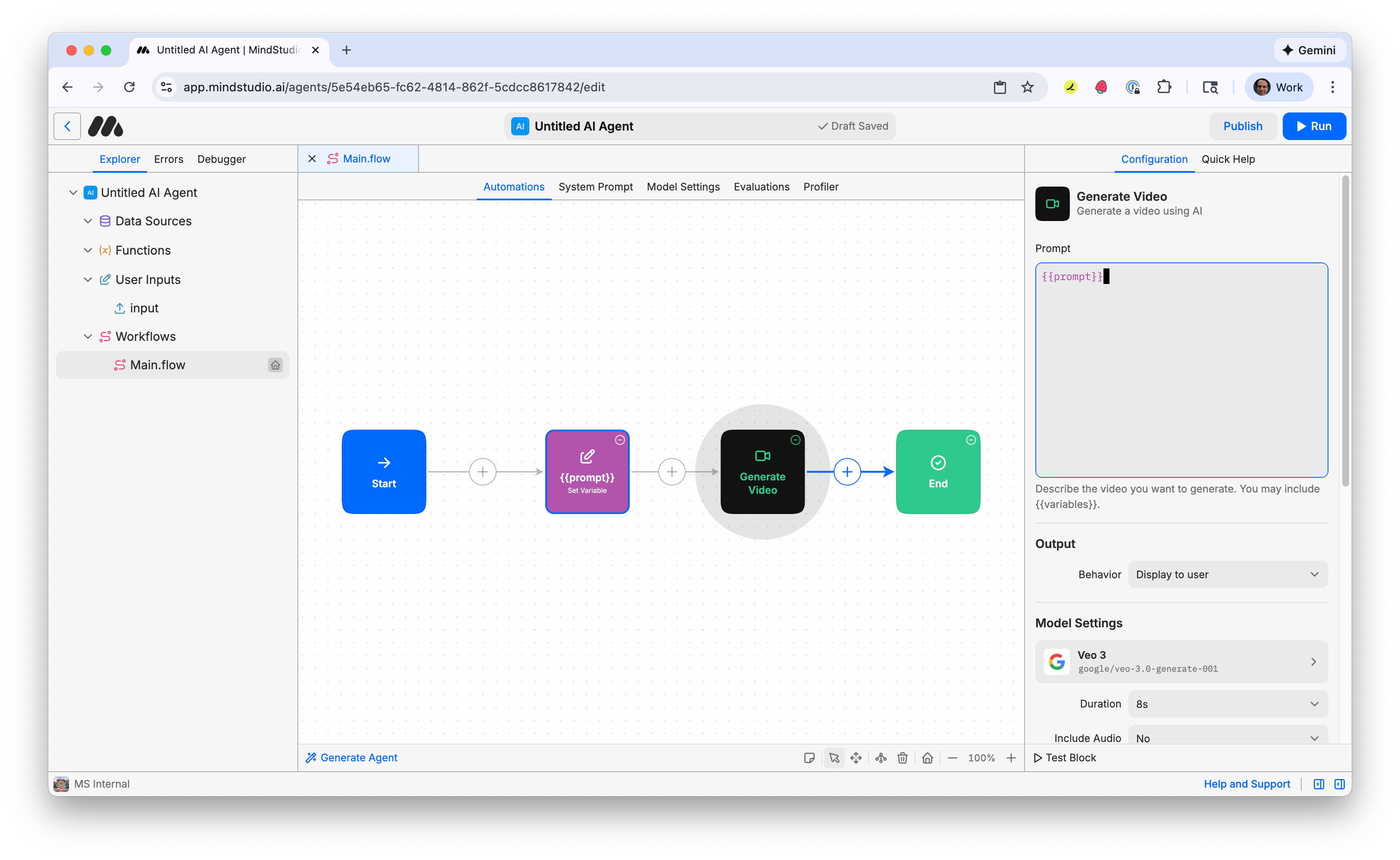 Enter {{prompt}} into the Generate Video block