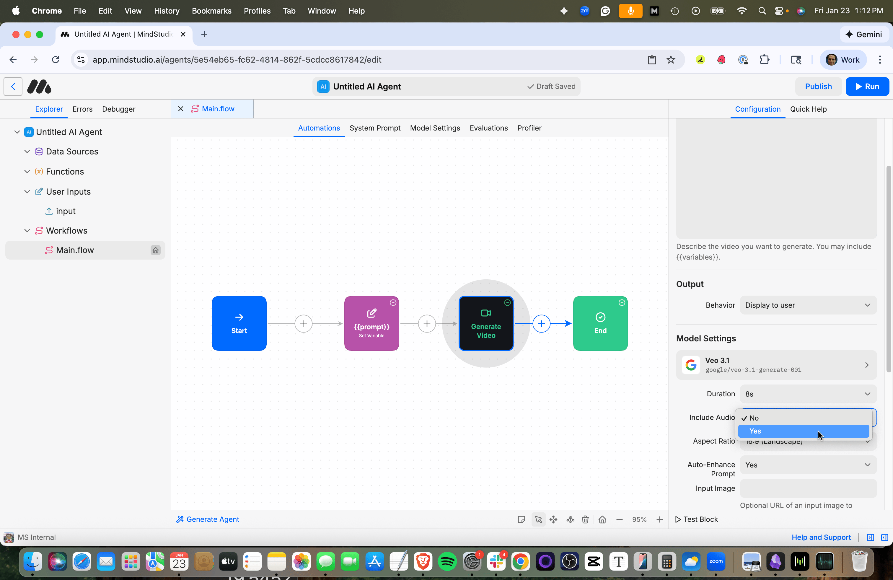 Set the Include Audio setting to Yes in the Generate Video block
