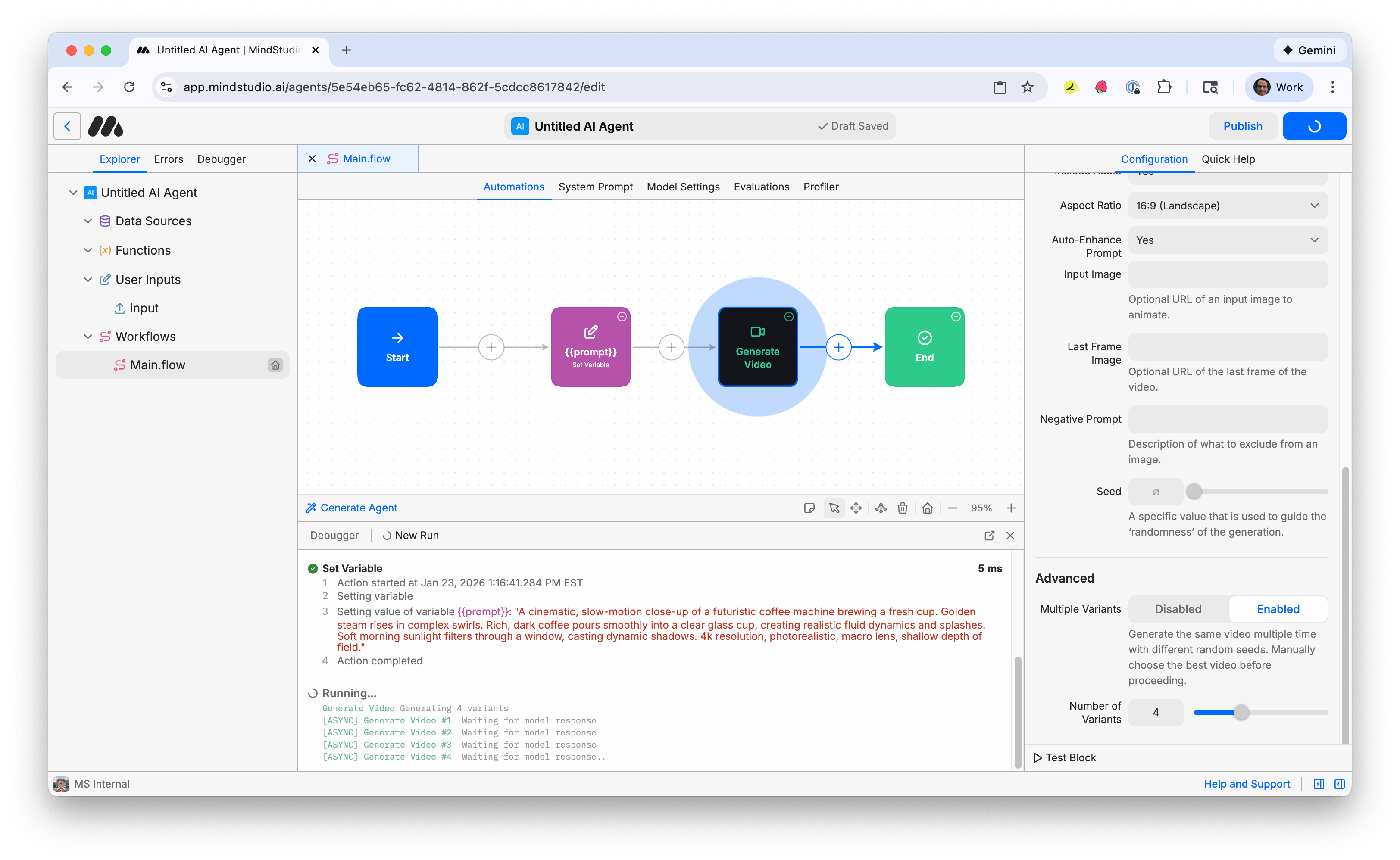The MindStudio workflow runs in Debugger