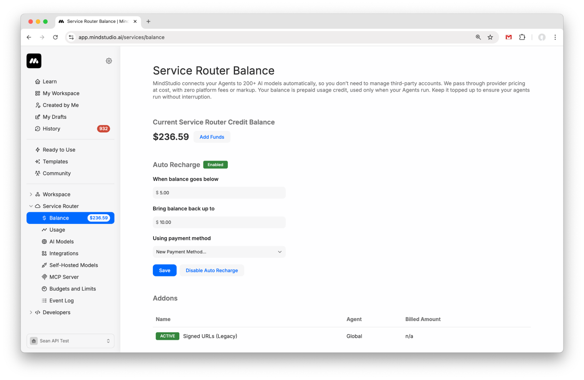 Balance in a MindStudio account's Service Router