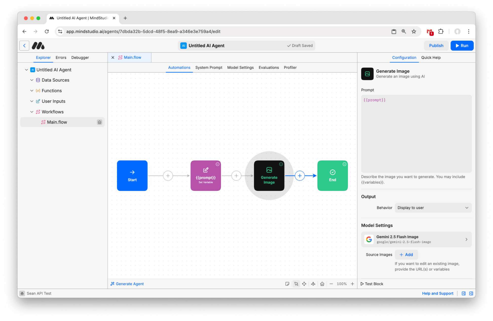 Add {{prompt}} as the variable for the Generate Image block