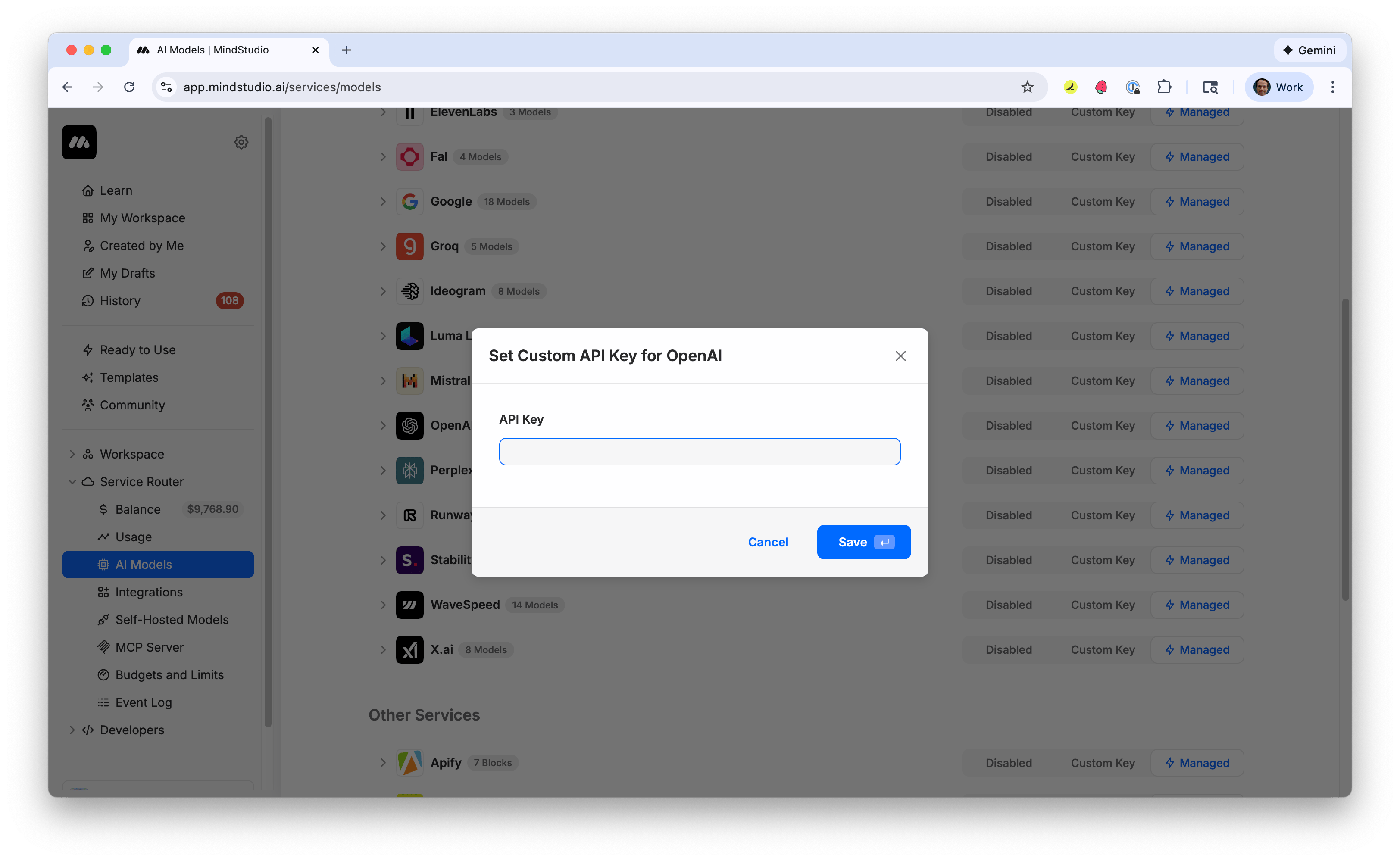 Add your custom AI model key