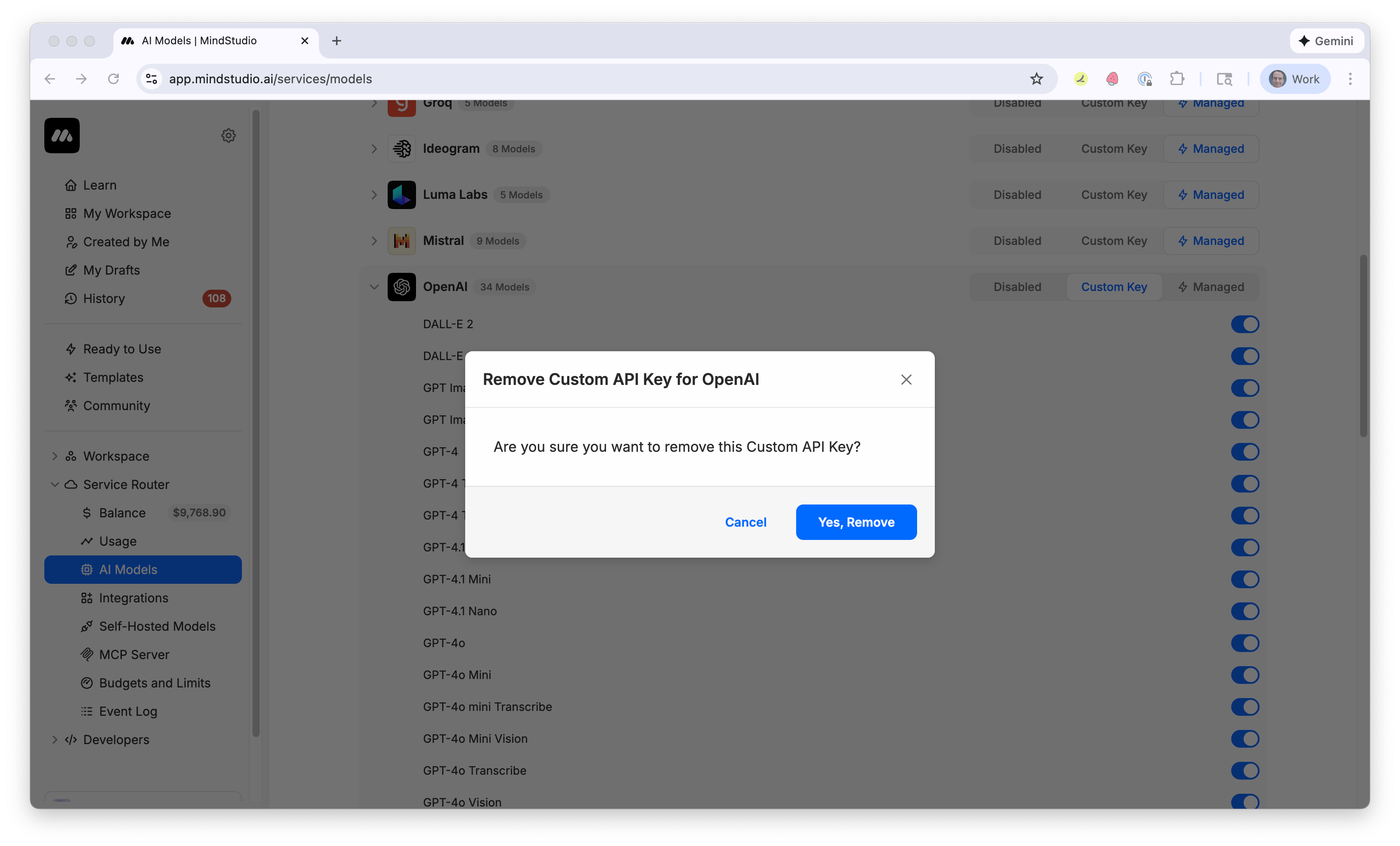Removing a custom API key from Service Router in MindStudio