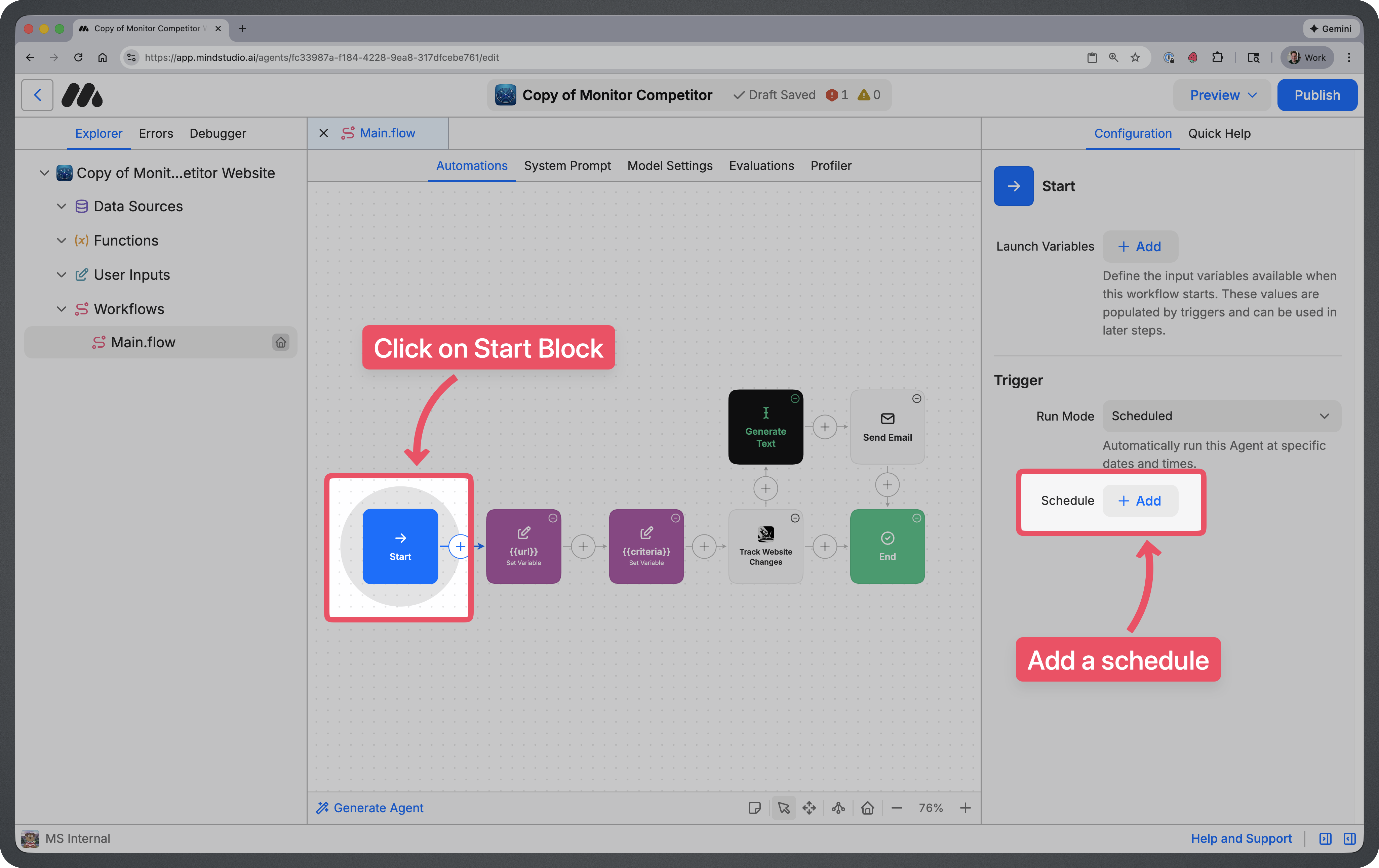 Start block and set schedule controls highlighted