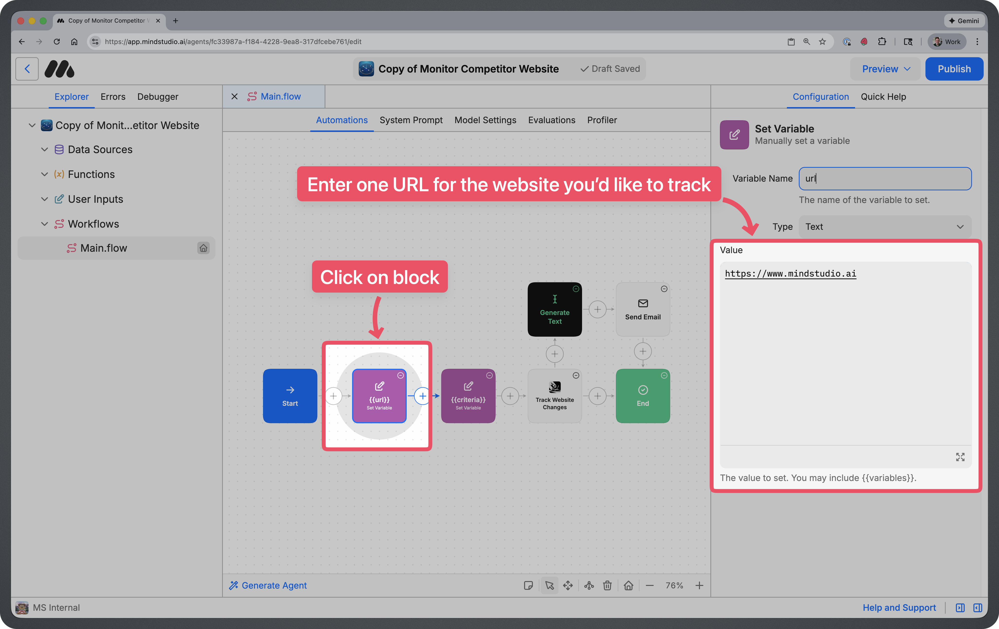 Controls for setting the website URL