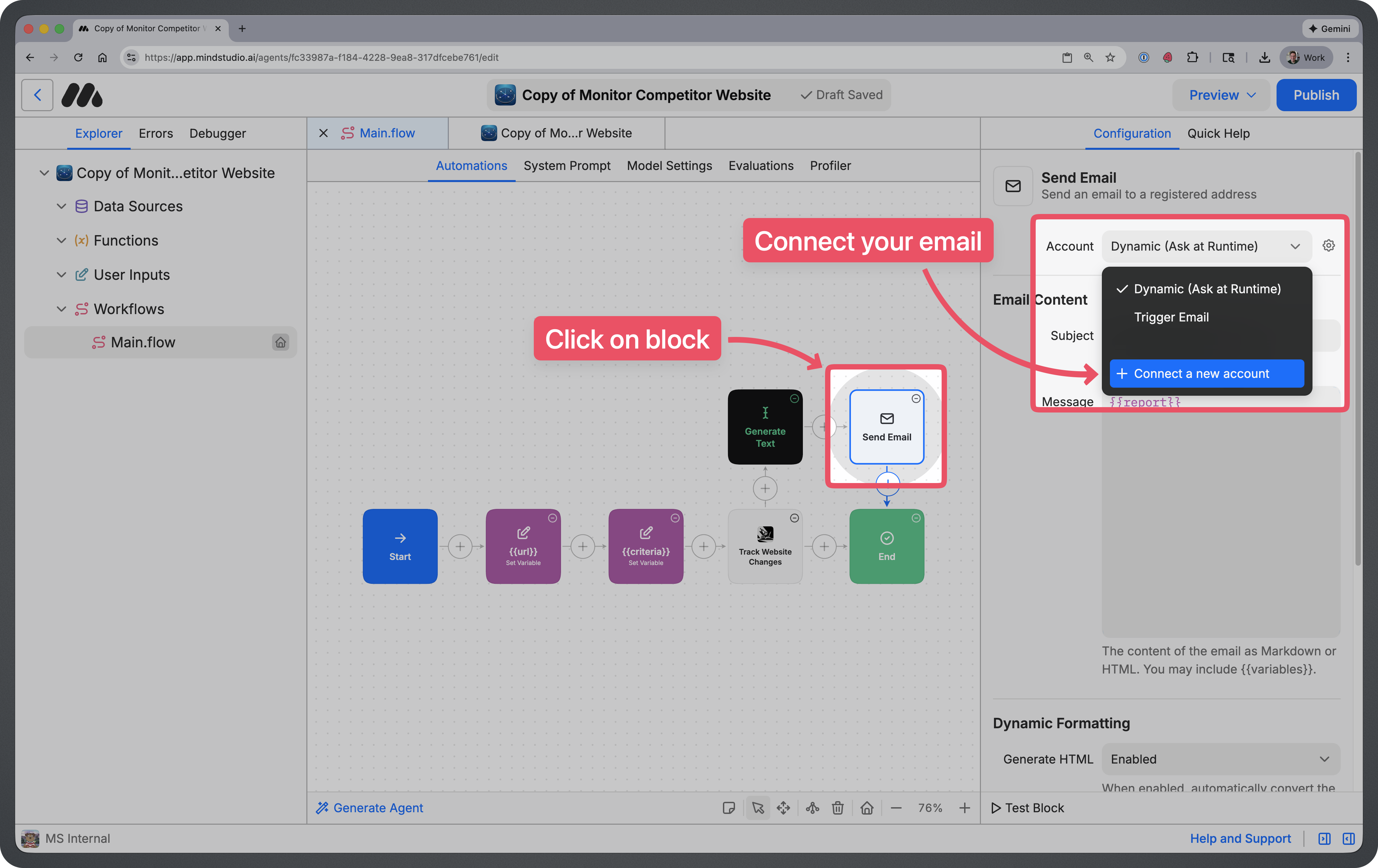 Controls for connecting your email
