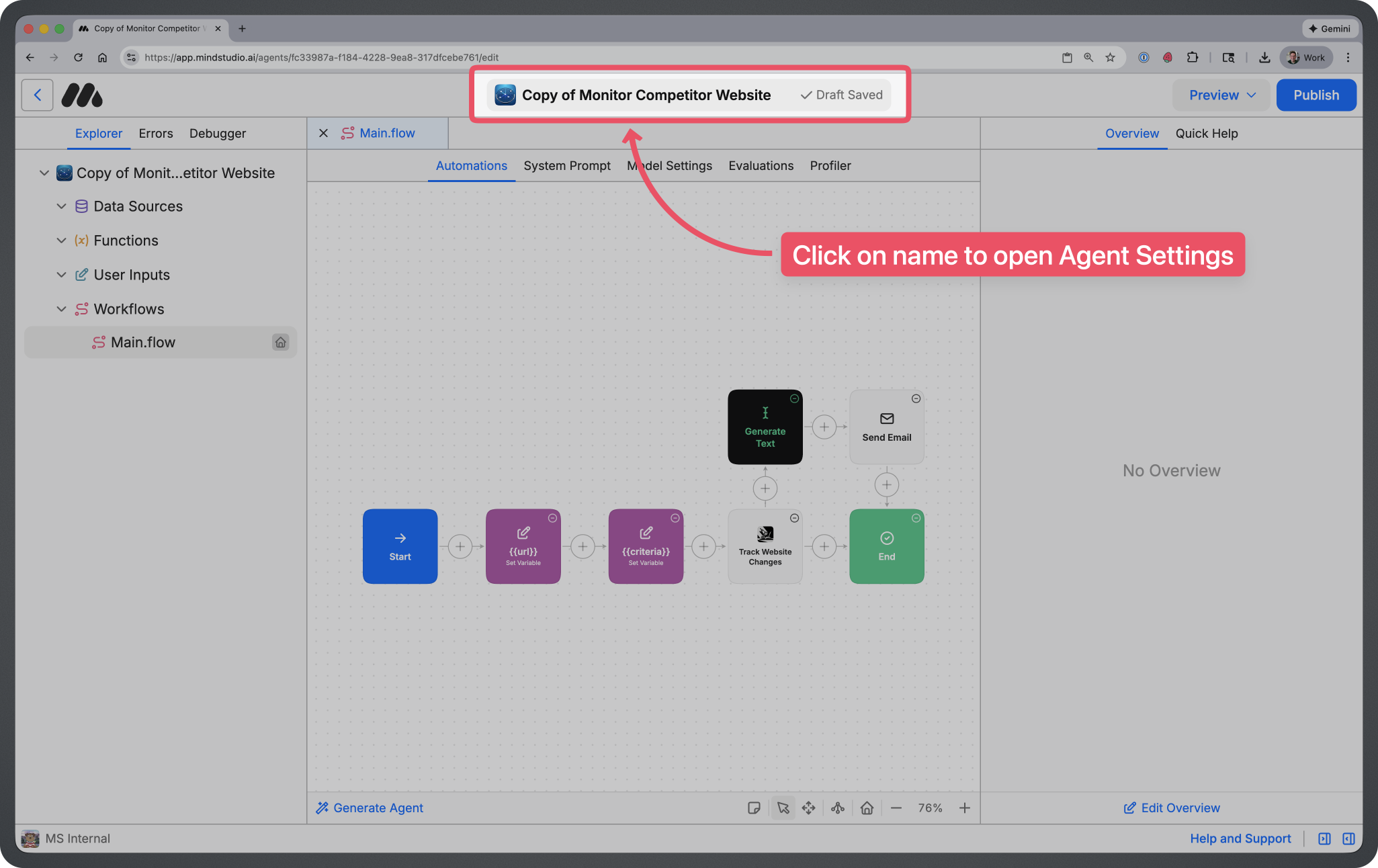 Clickable interface for opening Agent settings