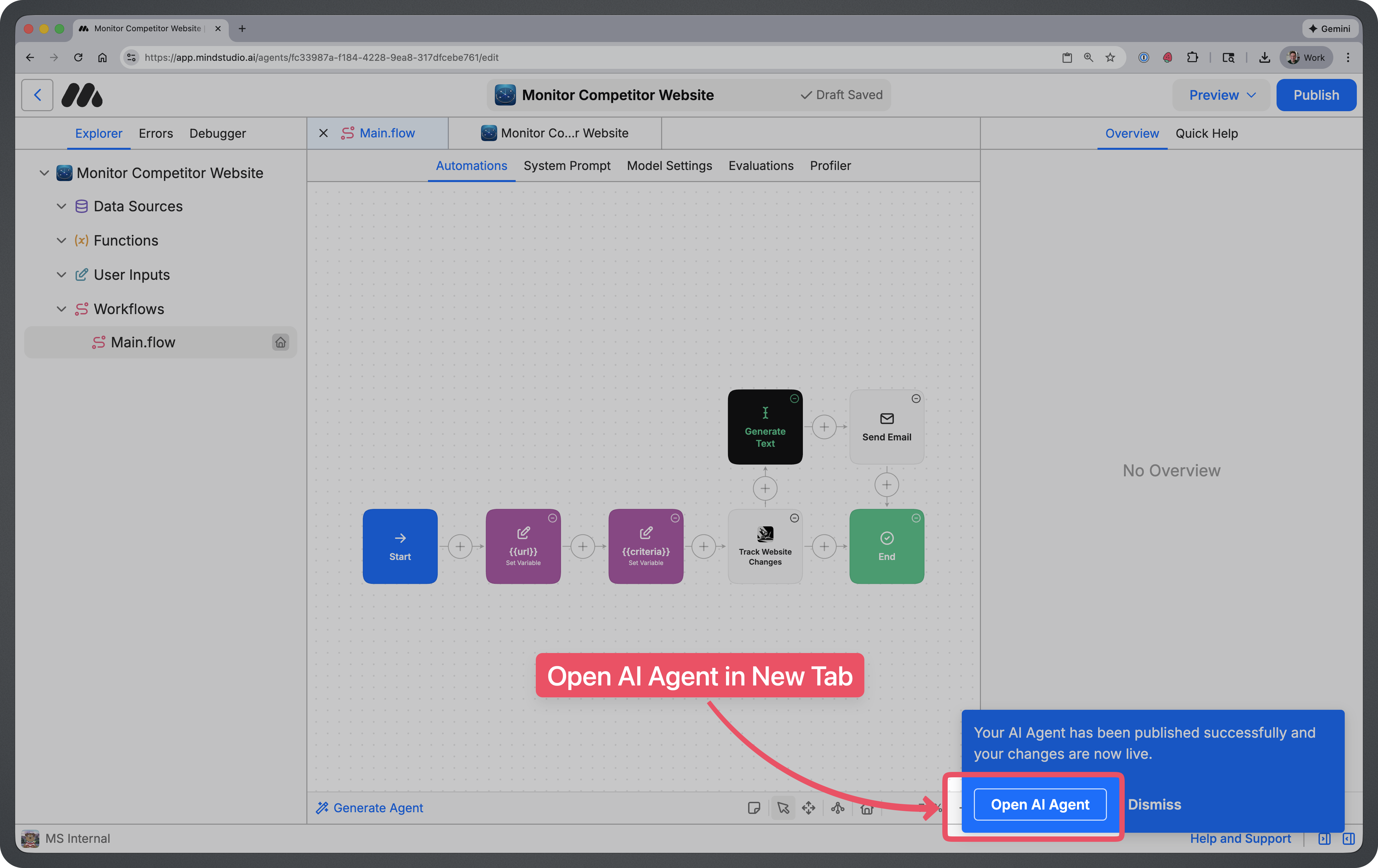 Open AI Agnet button highlighted