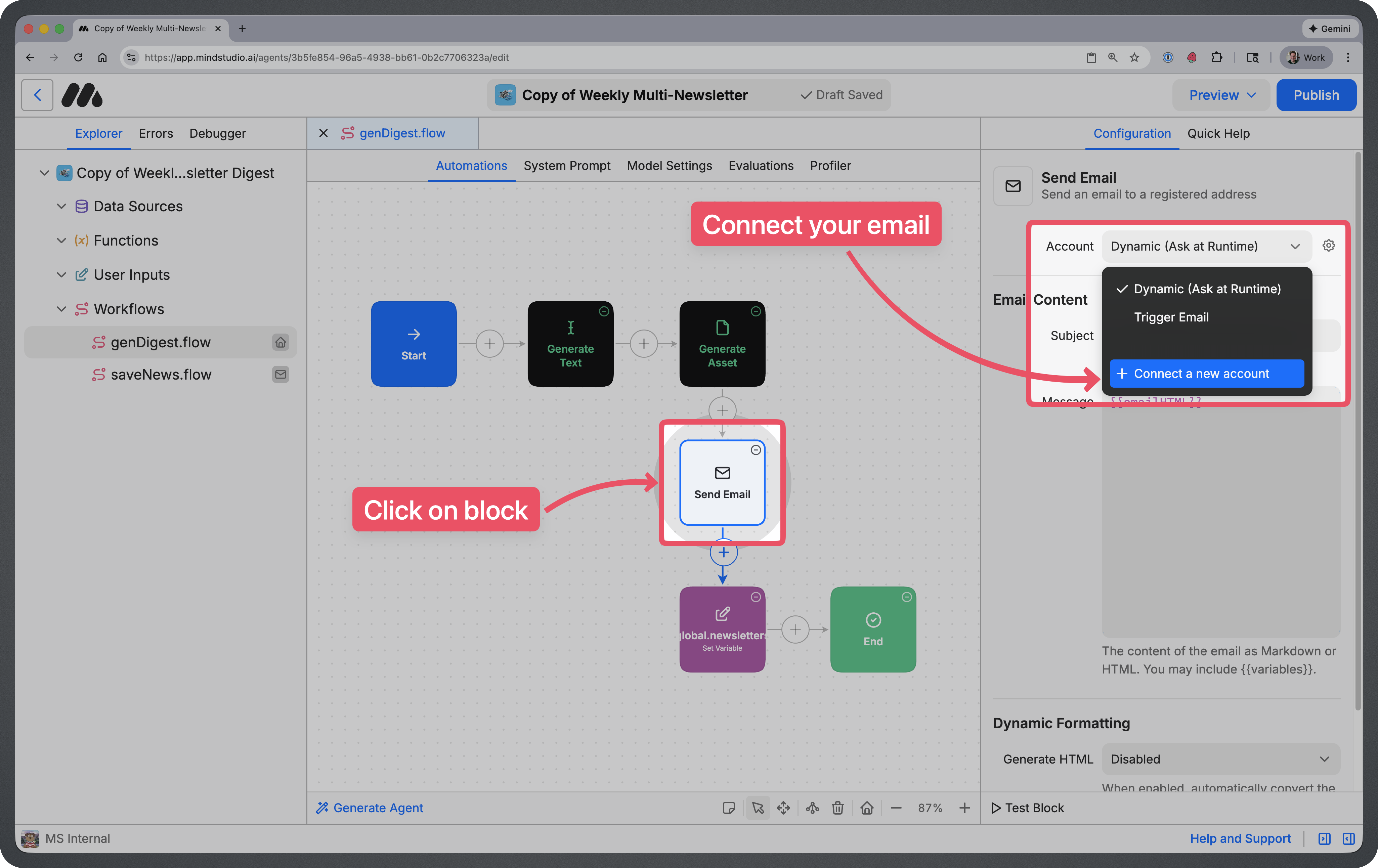Controls for connecting an email address