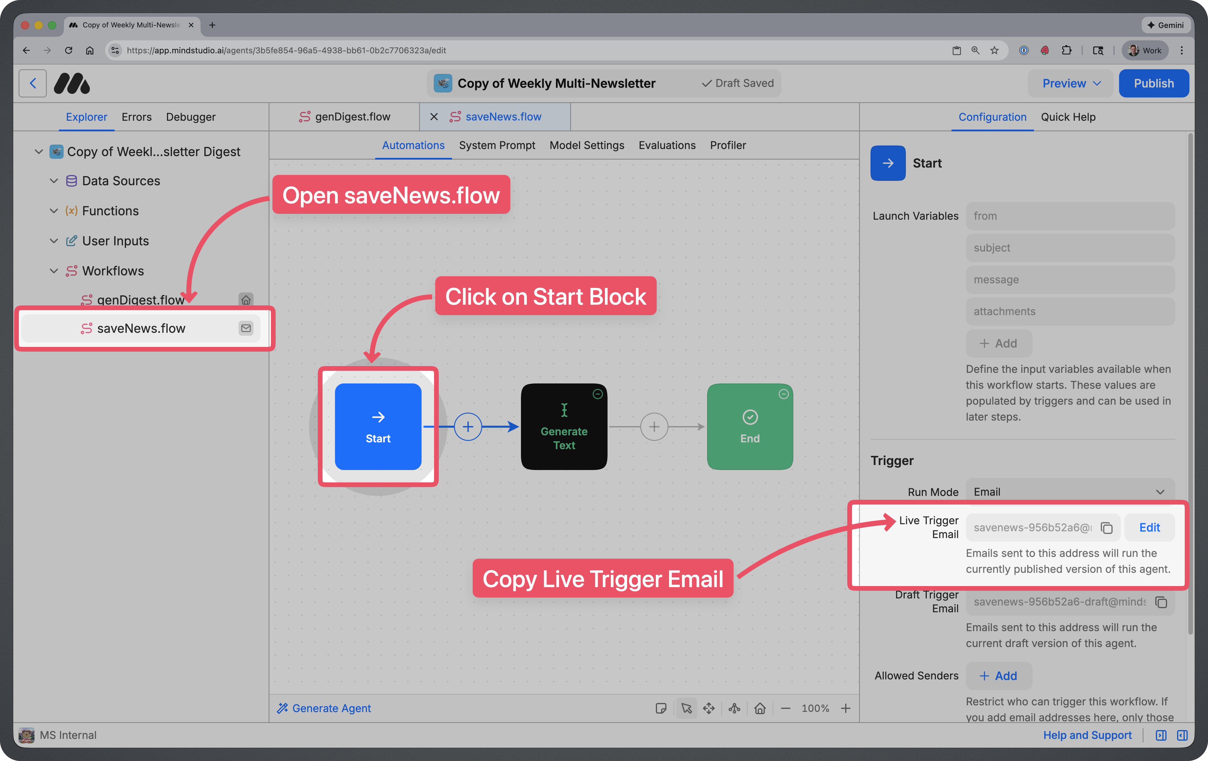 Controls for finding Agent trigger email address