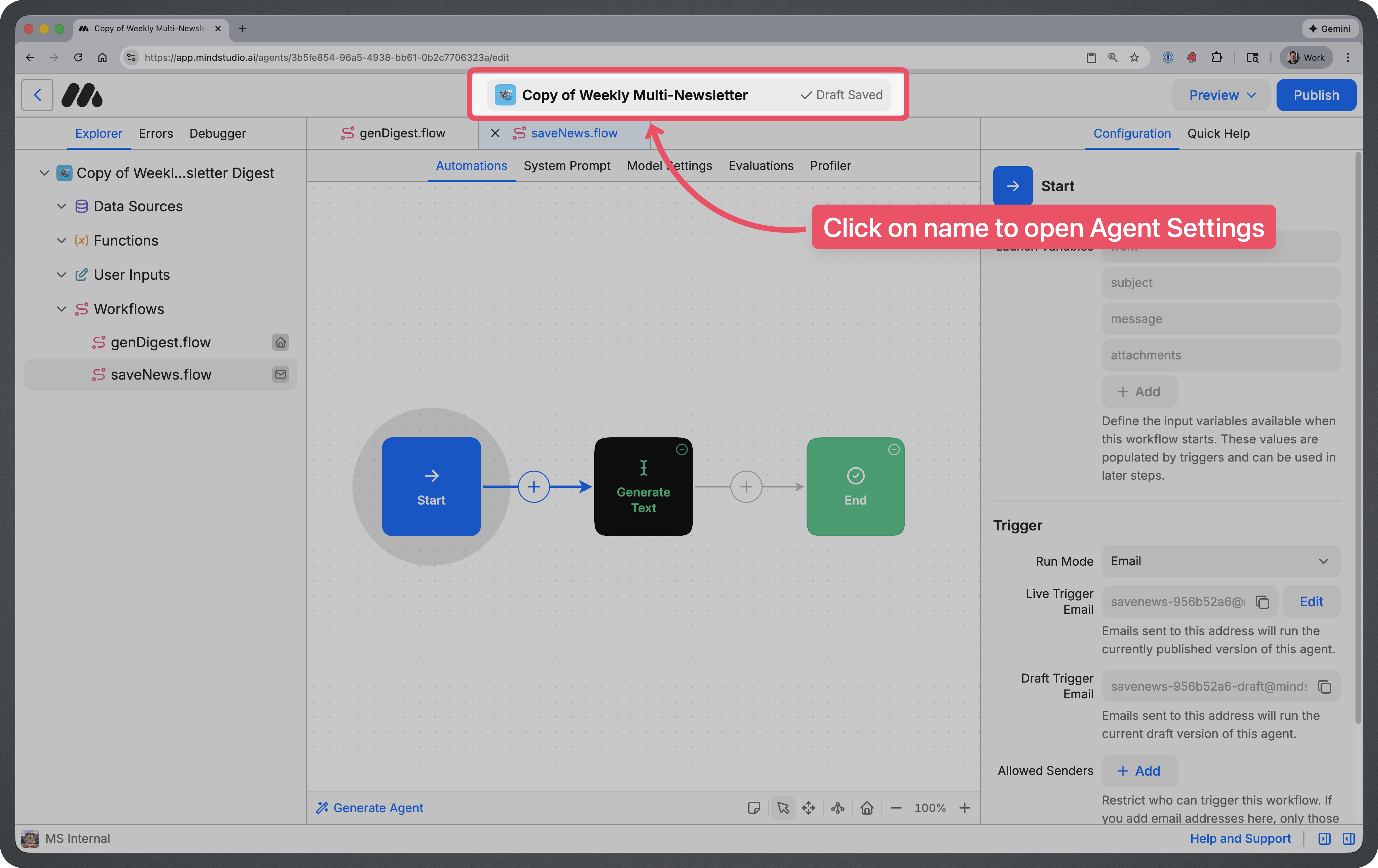 Clickable interface to open Agent settings